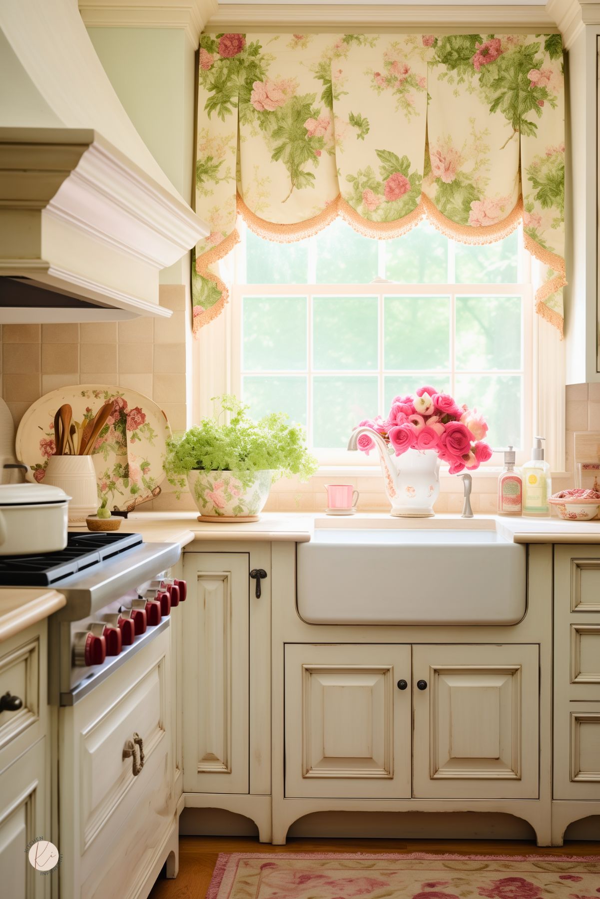 This romantic cottage-style kitchen features cream distressed cabinetry, a farmhouse sink, and soft beige square tile backsplash. A floral valance with scalloped trim adds vintage charm, complementing the pastel tones. Delicate pink roses in a ceramic pitcher, floral-patterned dishware, and fresh greenery enhance the cozy atmosphere. The light wood countertops and soft pink accents create a warm and inviting space.