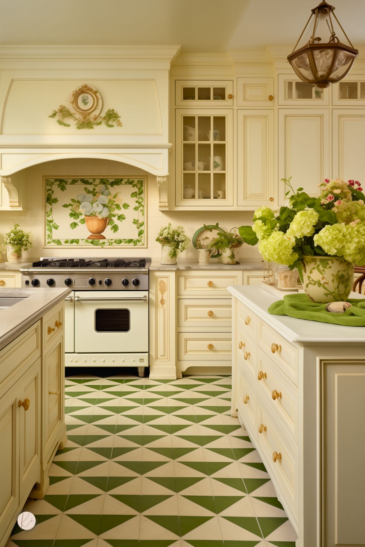 This elegant French country kitchen features cream cabinetry with gold accents, a vintage-inspired range, and a hand-painted floral backsplash framed by an ornate range hood. The green and white geometric tile flooring adds a striking contrast, while fresh hydrangeas and decorative ceramics enhance the botanical theme. Glass-front cabinets, intricate molding, and antique-style lighting complete the charming, old-world aesthetic.