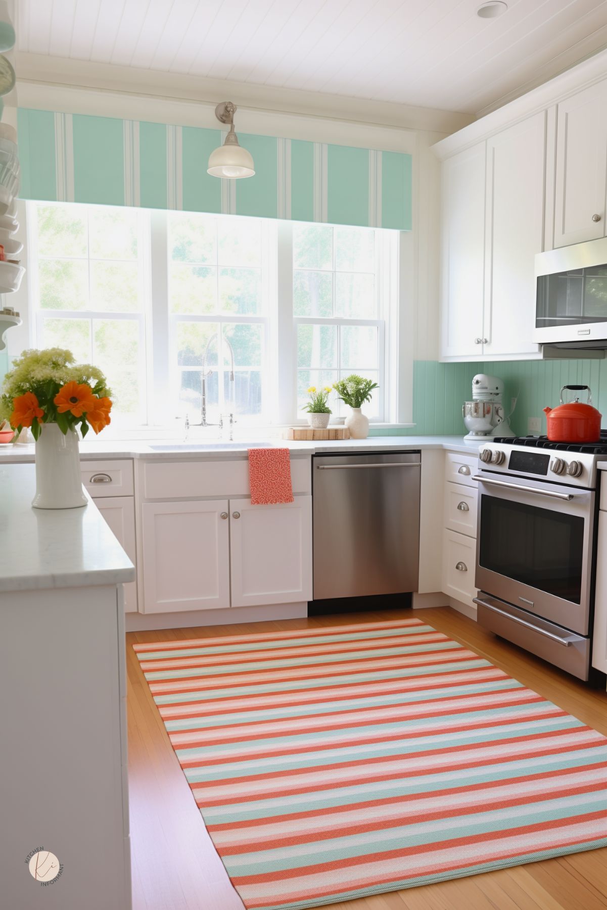 This bright and cheerful kitchen features classic white cabinetry, stainless steel appliances, and a farmhouse sink beneath a large sunlit window. Soft mint green beadboard accents and striped valances add a vintage-inspired touch. A bold striped rug in coral, white, and aqua brings warmth and contrast to the light wood flooring. Pops of orange in the flowers and cookware enhance the fresh, inviting atmosphere.