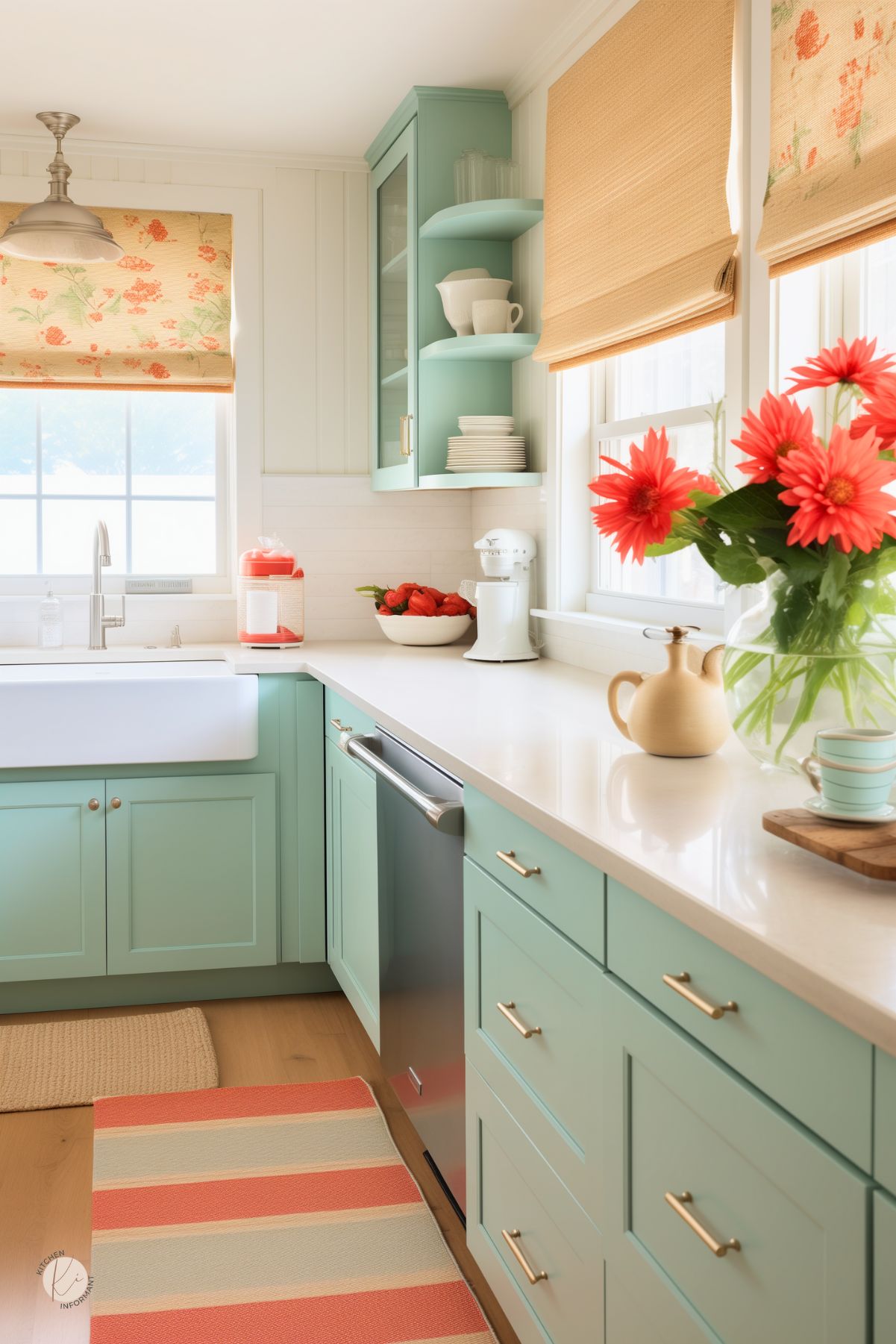 This kitchen features mint green shaker-style cabinets with gold hardware, white quartz countertops, and a farmhouse sink. The space is accented with floral-patterned Roman shades, a striped rug in coral and cream, and a vase of vibrant red flowers. Open shelving holds white dishware, while a stainless steel dishwasher blends seamlessly into the cabinetry. Natural light enhances the fresh, inviting feel.