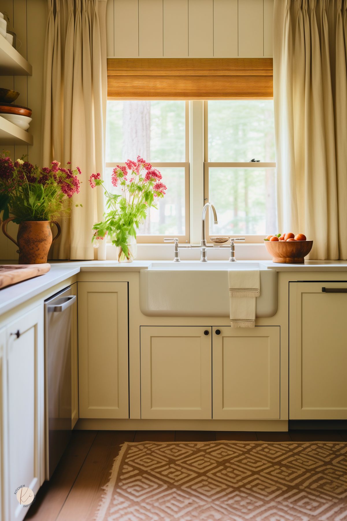 This cozy farmhouse kitchen features soft cream cabinetry, a deep farmhouse sink, and warm wood accents. A natural woven Roman shade and flowing linen curtains frame the large window, allowing soft light to filter in. Open shelves hold rustic dishware, while fresh pink flowers in an earthenware vase and a wooden bowl of citrus add warmth. A geometric-patterned rug complements the inviting, organic feel of the space.