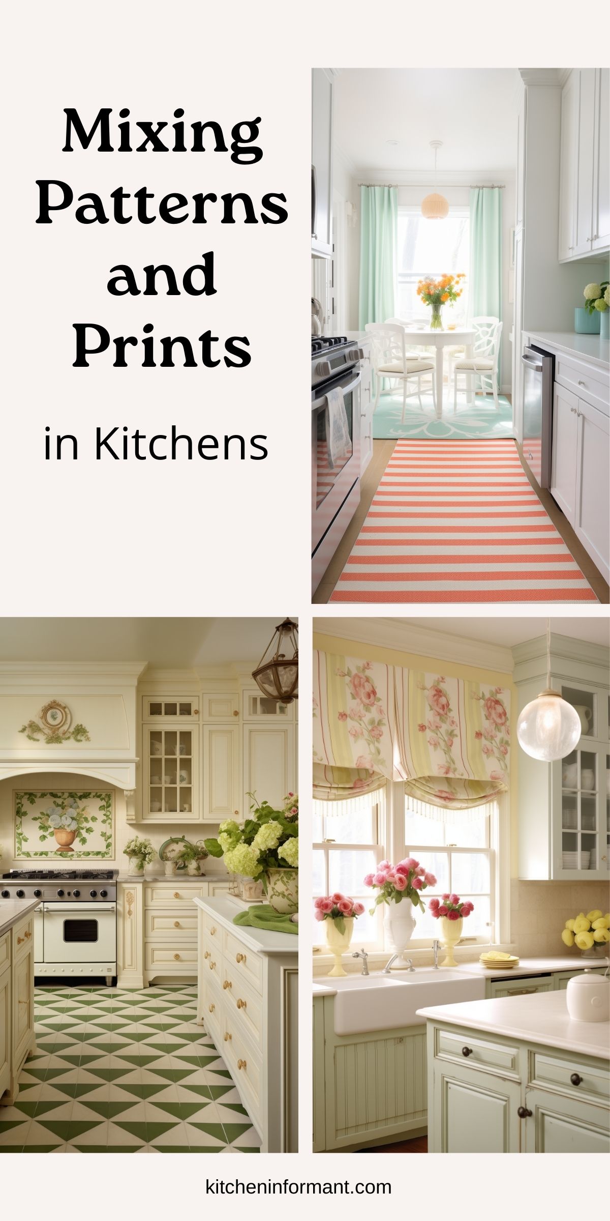 This Pinterest graphic showcases a collection of beautifully designed kitchens that mix patterns and prints effortlessly. The collage features a soft pastel kitchen with striped and floral accents, a French country-inspired space with green and white geometric tile flooring, and a classic cottage kitchen with floral valances. The text overlay highlights the theme, making it an engaging visual for kitchen design inspiration.