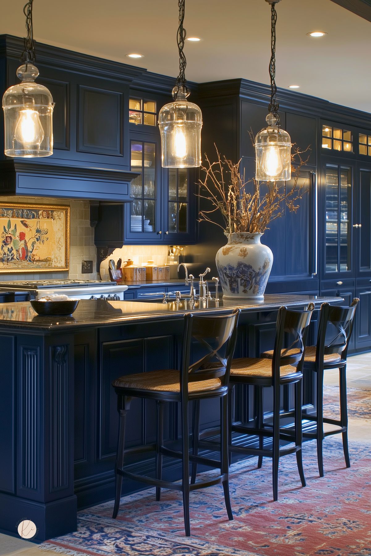 A kitchen with navy blue cabinets, glass-front uppers, and a black stone countertop. Glass pendant lights add warmth, while a decorative tile backsplash and ornate vase create a refined look. Dark wood barstools with woven seats complement the traditional design.