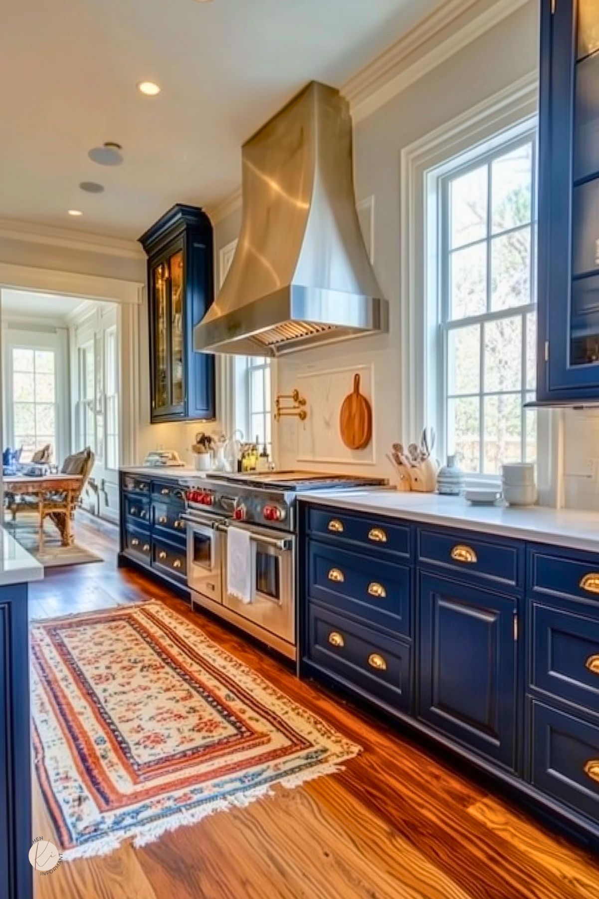 A kitchen with navy blue cabinets, brass hardware, and white countertops. A stainless steel range hood and large windows enhance the bright, classic design. A vintage runner and glass-front cabinets add warmth, while wood flooring completes the traditional look.