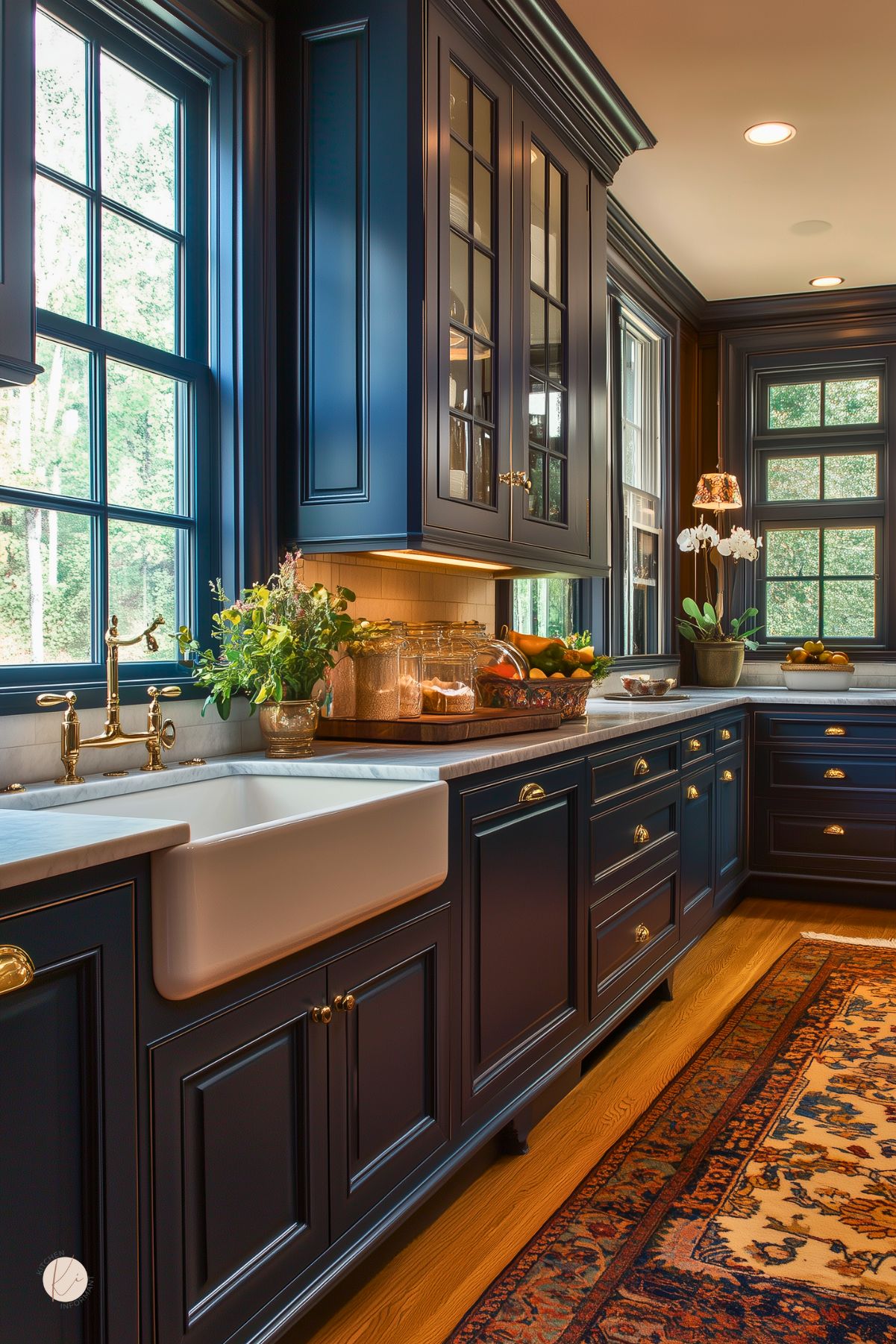 A kitchen with navy blue cabinets, gold hardware, and a farmhouse sink. Glass-front upper cabinets and marble countertops add elegance, while warm wood flooring and a vintage rug enhance the classic charm. Large windows bring in natural light.