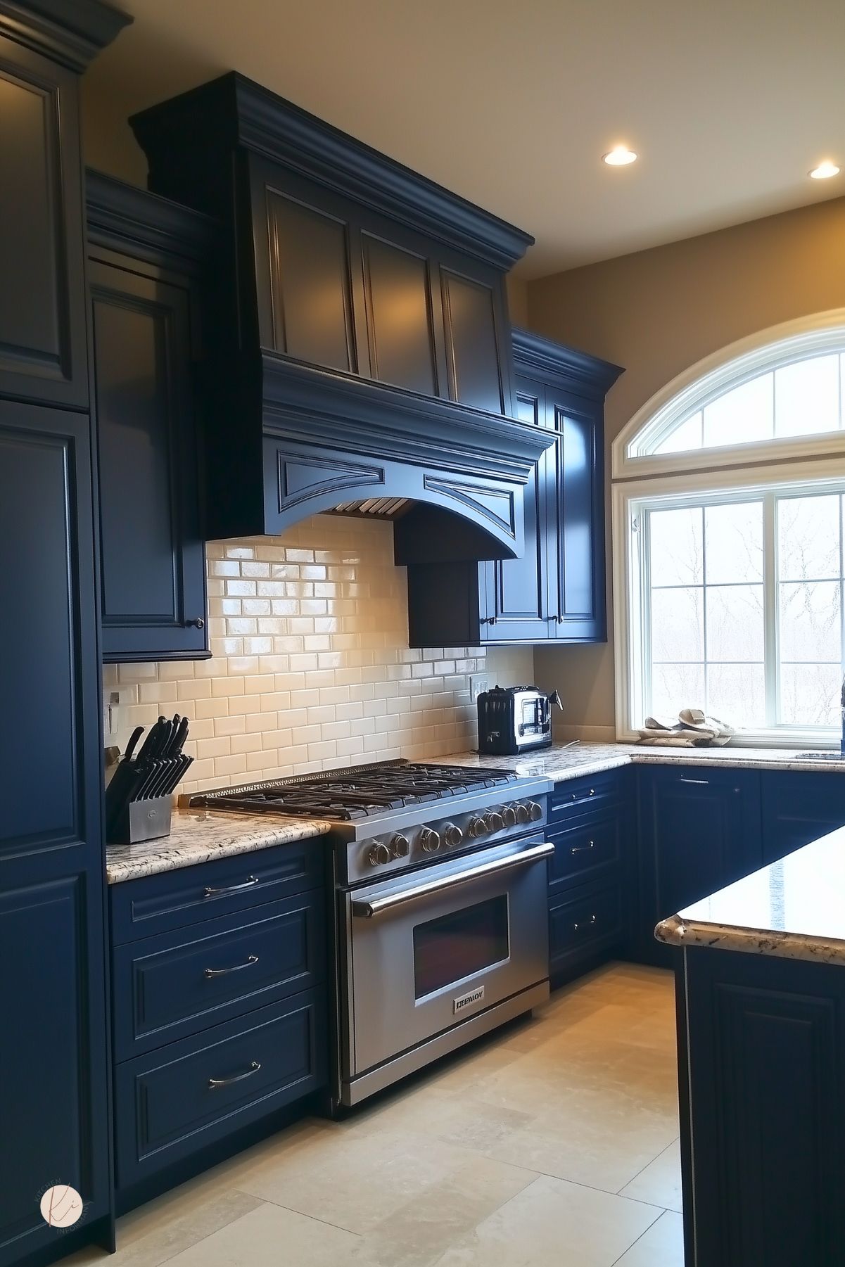 A kitchen with navy blue cabinets, a custom range hood, and granite countertops. A cream subway tile backsplash adds warmth, while stainless steel appliances enhance the classic design. An arched window brings in natural light.