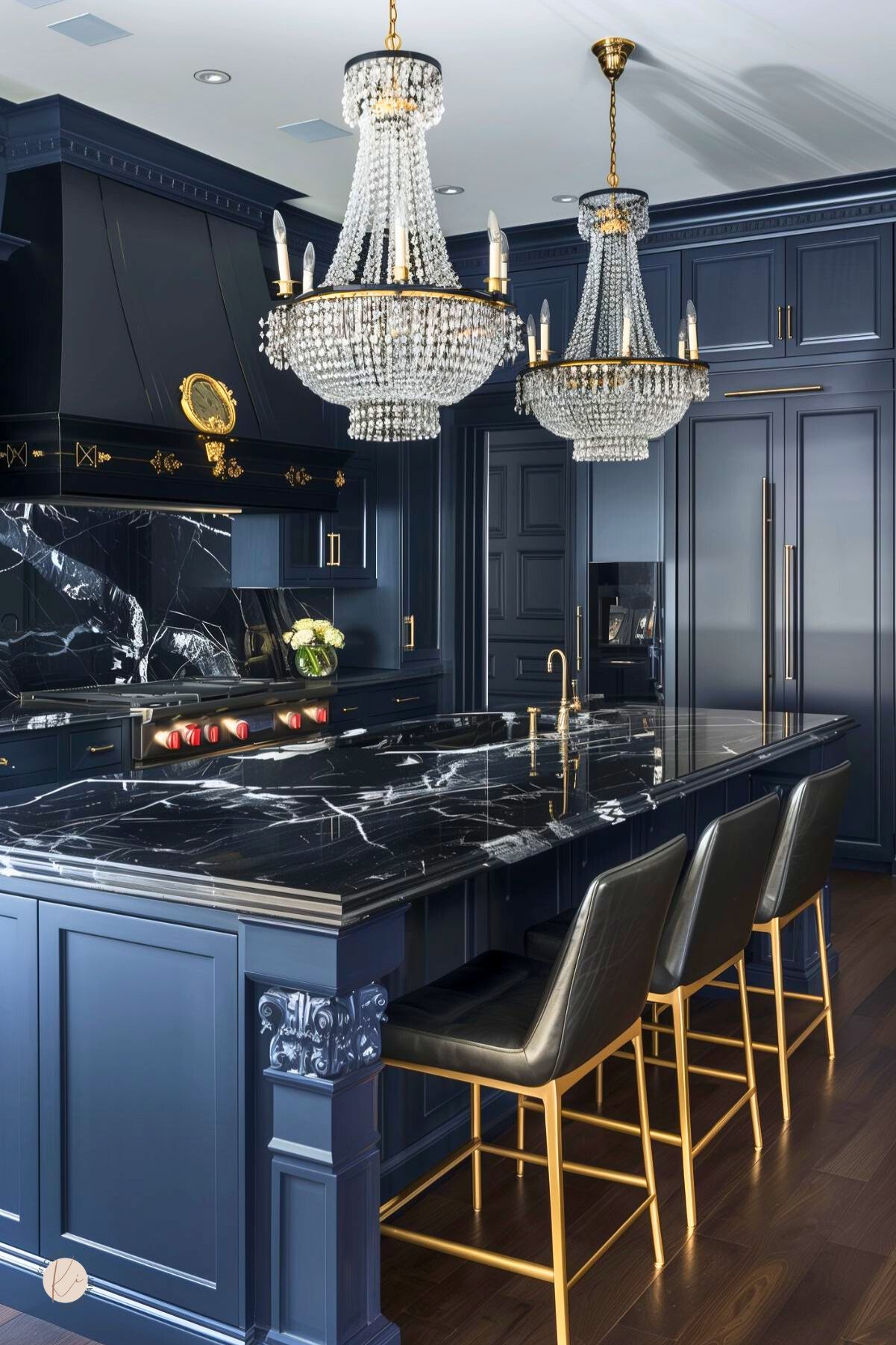 A kitchen with navy blue cabinets, black marble countertops, and gold accents. Crystal chandeliers add luxury, while a custom range hood with gold detailing enhances the elegant design. Black leather barstools with gold legs complete the sophisticated look.