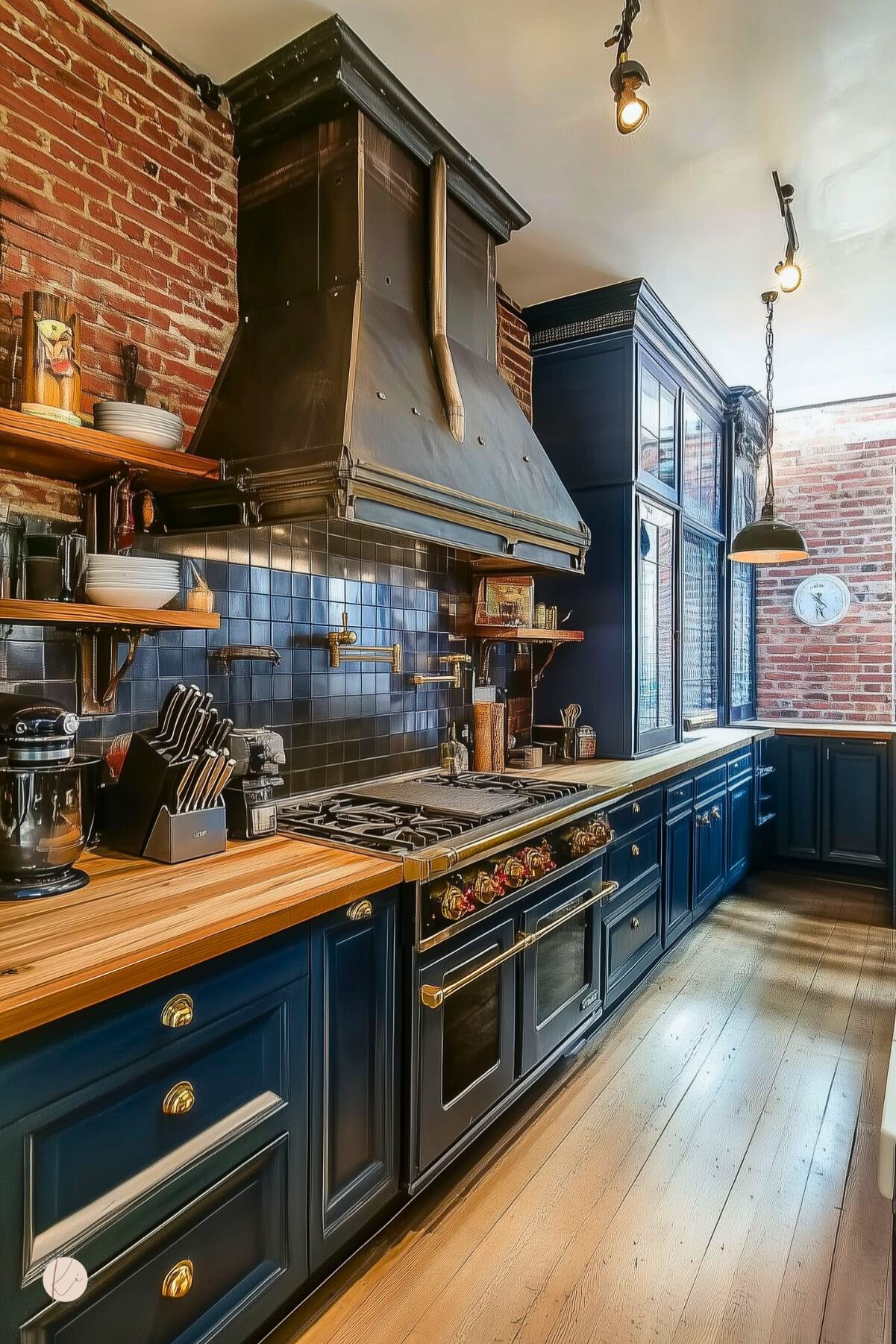 A kitchen with navy blue cabinets, butcher block countertops, and exposed brick walls. A large industrial range hood and black tile backsplash add character, while open wood shelves provide storage. Brass hardware and lighting enhance the rustic, industrial style.