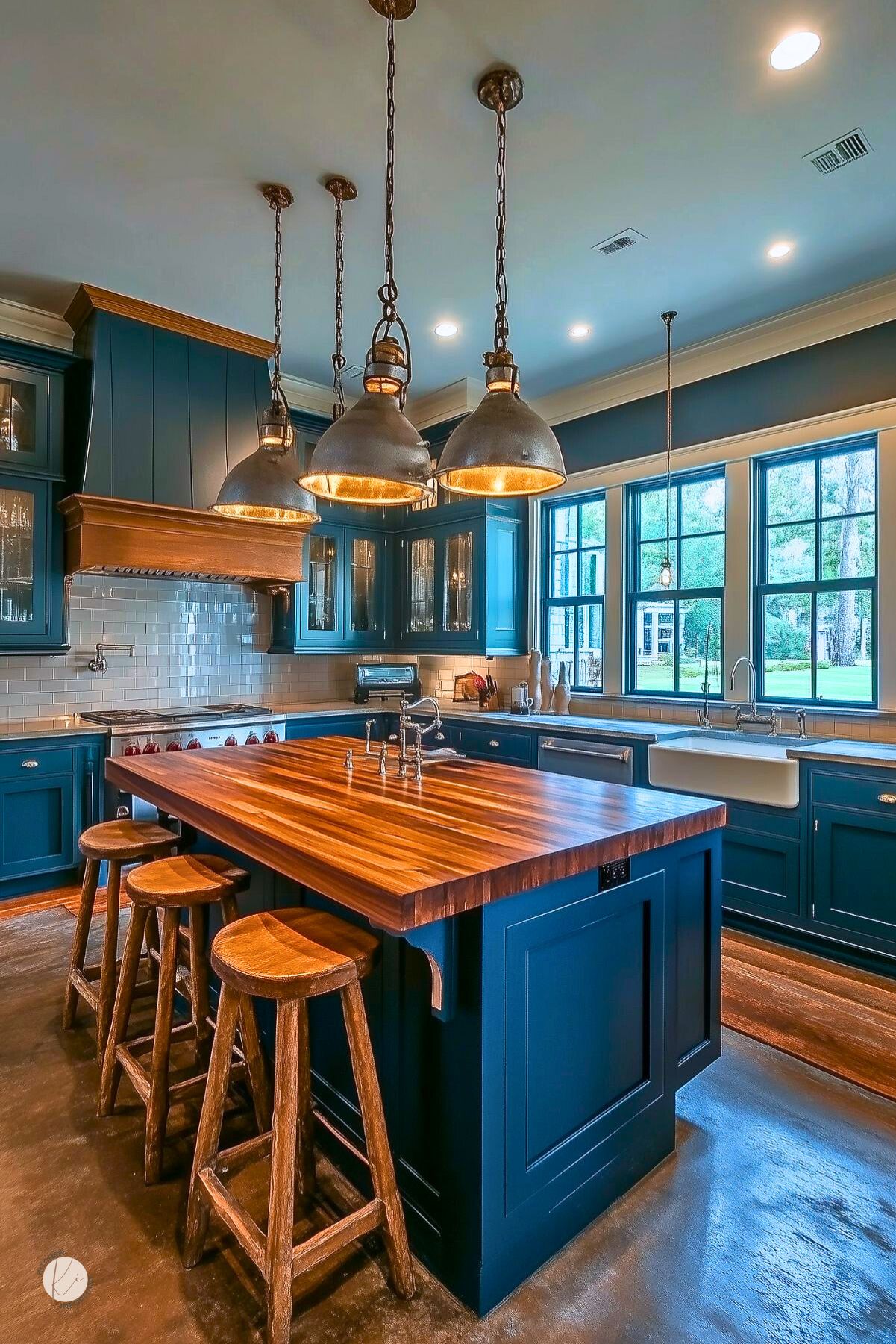 A kitchen with navy blue cabinets, a butcher block island, and rustic wood barstools. Industrial pendant lights add warmth, while a farmhouse sink and large windows enhance natural light. A wood range hood and subway tile backsplash complete the classic look.