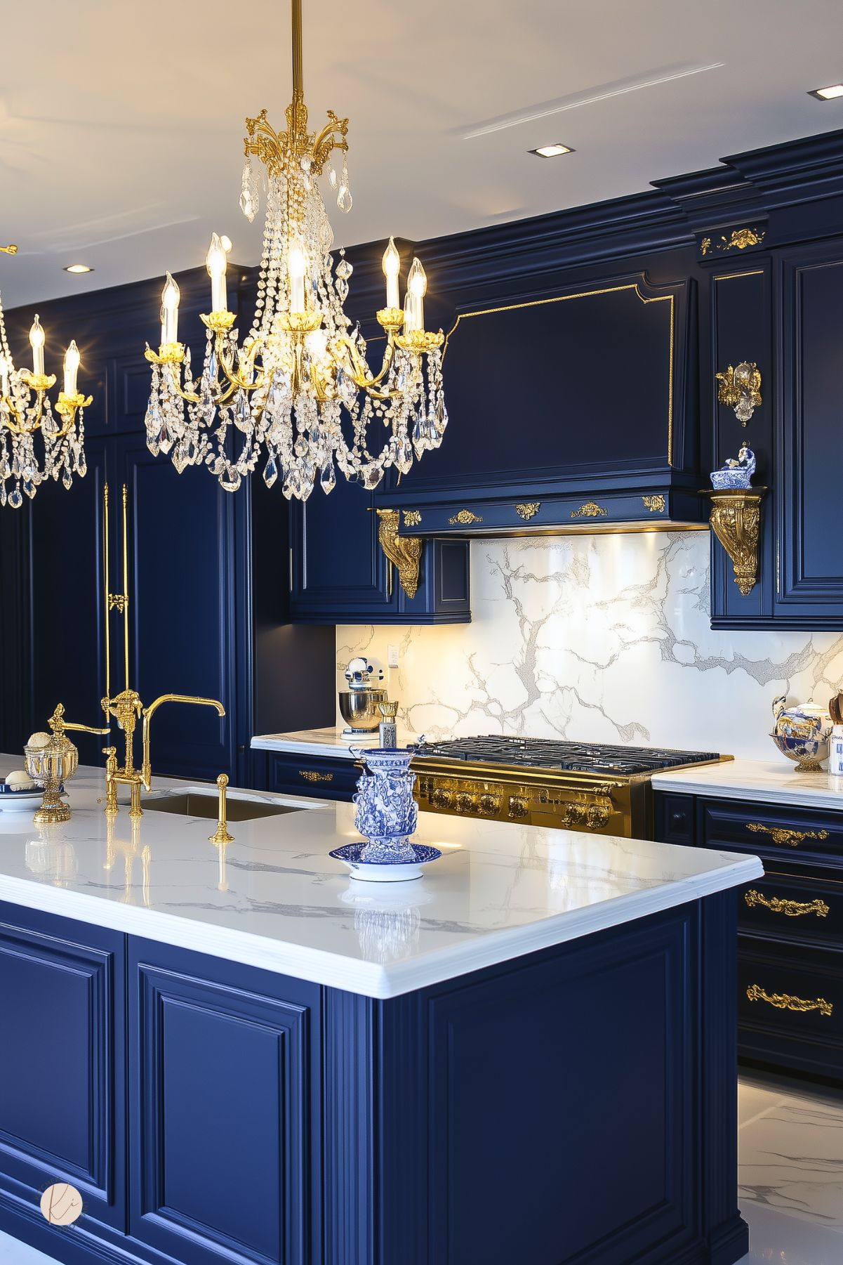 A kitchen with navy blue cabinets, gold accents, and marble countertops. Ornate chandeliers add elegance, while a gold-trimmed range and matching fixtures enhance the luxurious design. A marble backsplash with gold veining ties the space together.