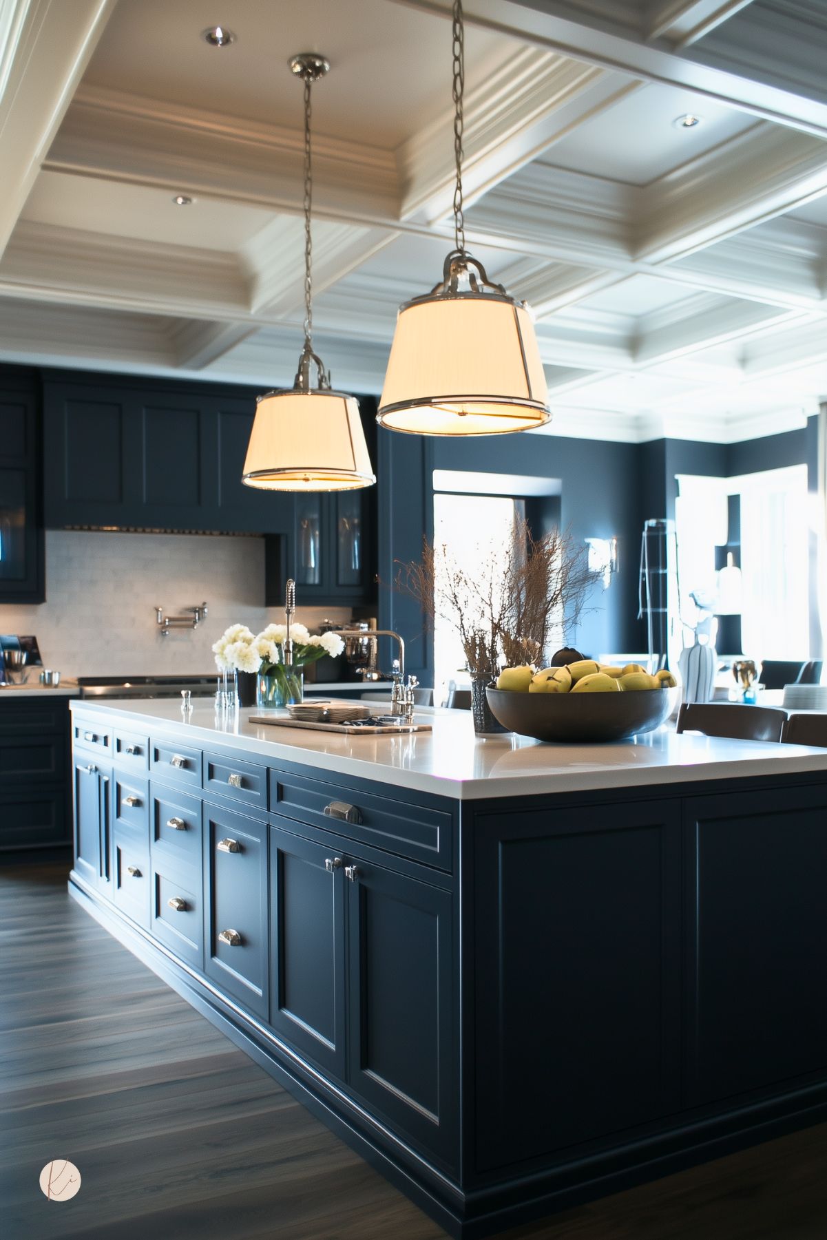 A kitchen with navy blue cabinets, a white quartz island, and a coffered ceiling. Large pendant lights add warmth, while a marble backsplash and stainless steel fixtures enhance the classic design. Dark wood flooring and elegant décor complete the sophisticated look.