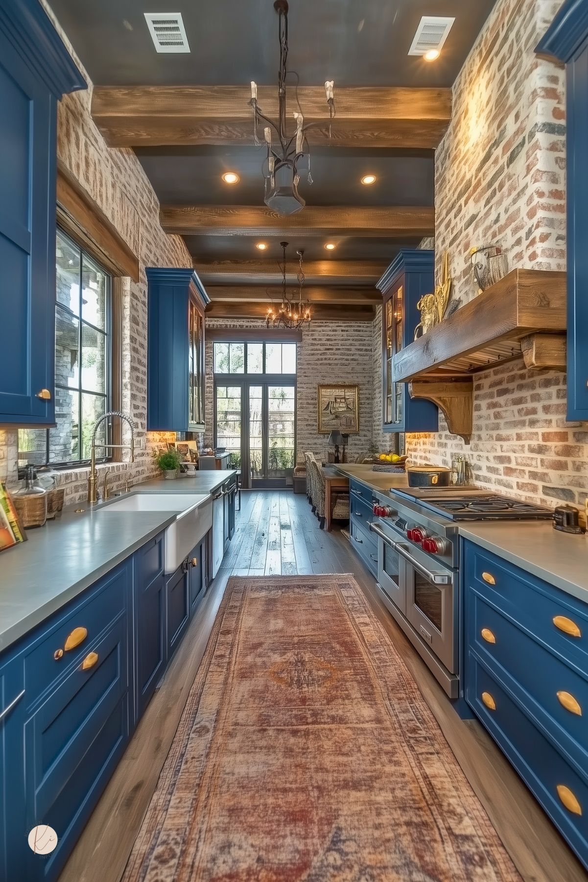 A kitchen with navy blue cabinets, exposed brick walls, and rustic wood beams. A farmhouse sink, brass hardware, and a wood range hood add charm, while chandeliers provide warm lighting. A vintage runner and glass-front cabinets complete the cozy, traditional design.