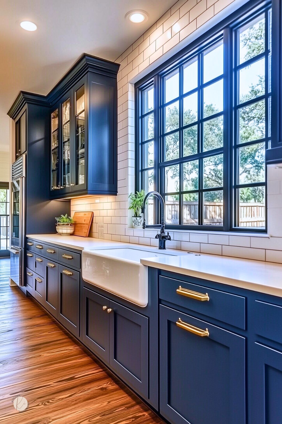 A kitchen with navy blue cabinets, brass hardware, and a farmhouse sink. A white quartz countertop contrasts with the dark cabinetry, while a subway tile backsplash adds a classic touch. Large black-framed windows bring in natural light, enhancing the warm wood flooring. Glass-front upper cabinets provide elegant storage.