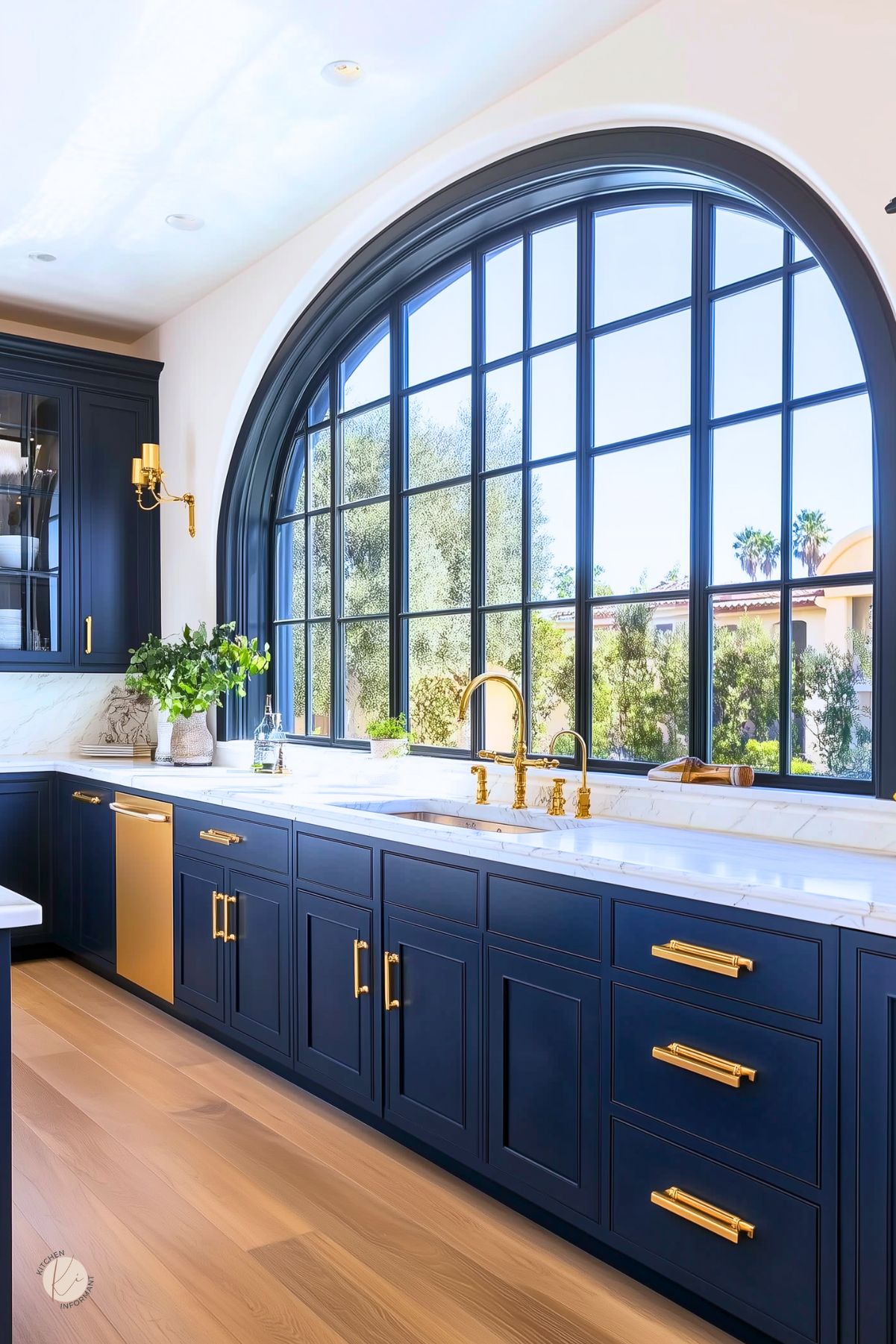 A kitchen with navy blue cabinets, gold hardware, and marble countertops. A large arched window with black framing floods the space with natural light. Gold fixtures, a built-in dishwasher, and glass-front cabinets add elegance, while light wood flooring enhances warmth.