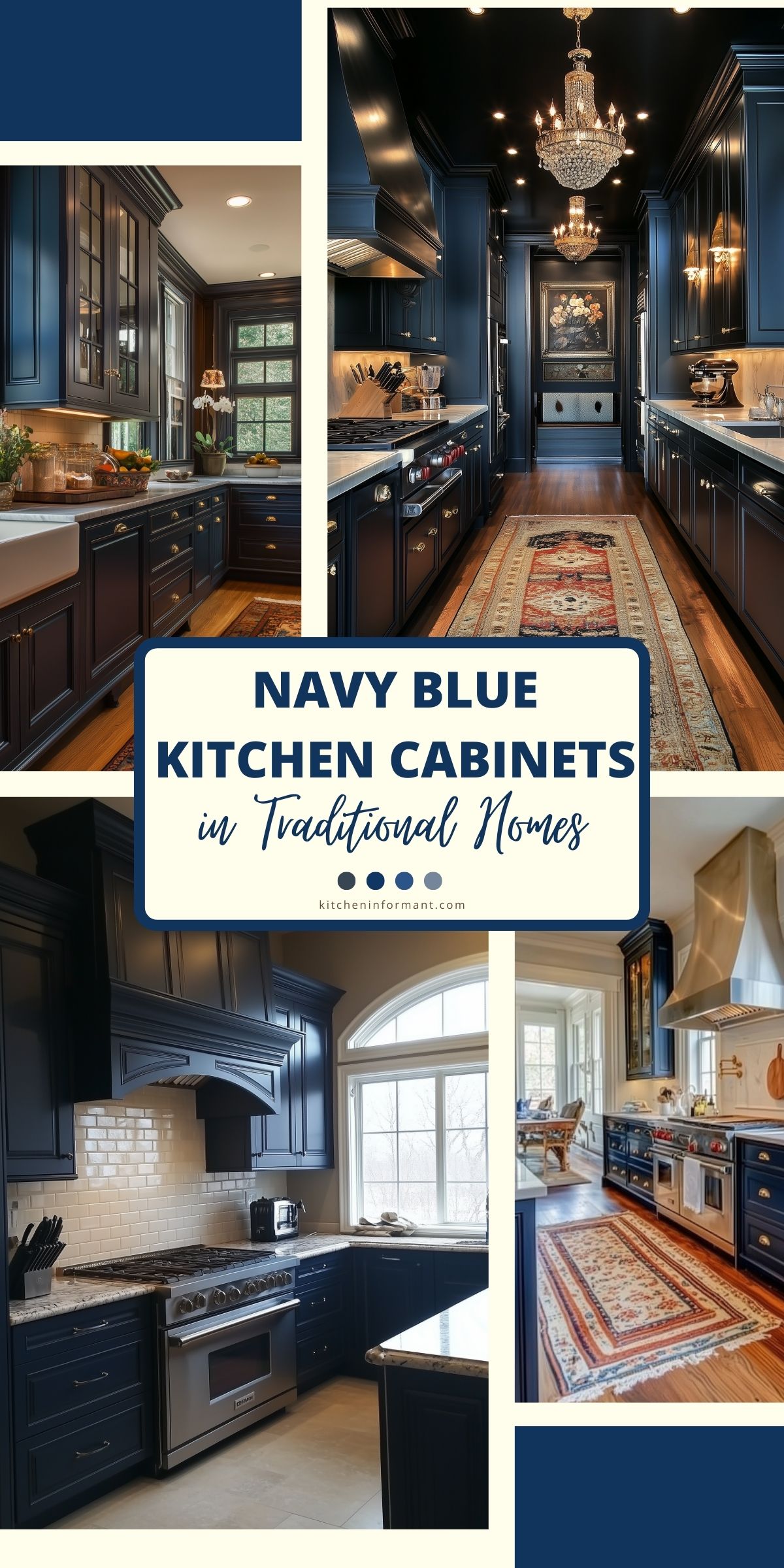 A collage of navy blue kitchen cabinets in traditional homes, featuring elegant chandeliers, glass-front cabinetry, farmhouse sinks, and vintage rugs. Classic design elements include brass hardware, marble countertops, and custom range hoods. The text overlay highlights the theme, tying together the rich, sophisticated aesthetic.