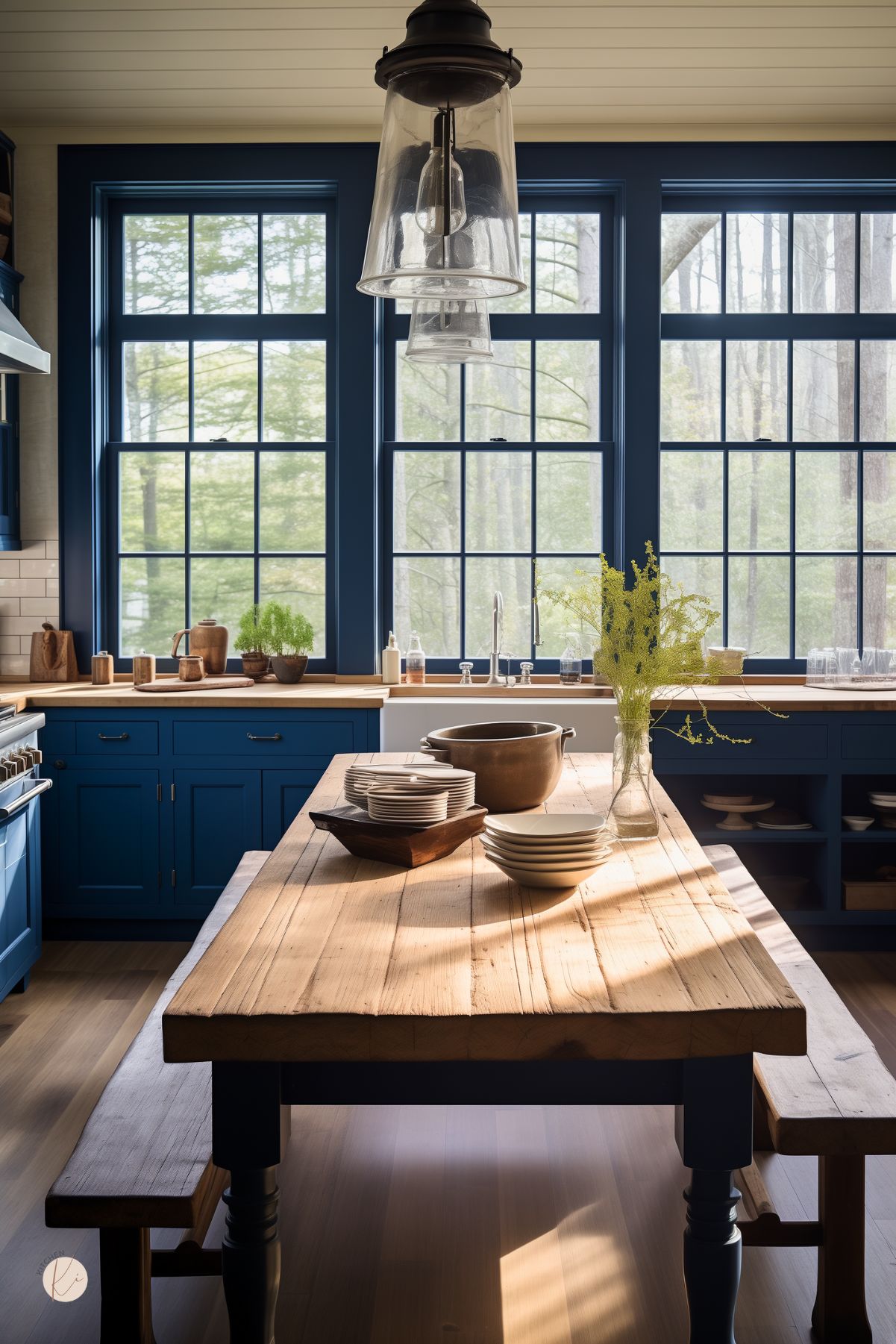 A rustic kitchen with navy blue cabinetry, natural wood countertops, and large black-framed windows that bring in natural light. A farmhouse sink sits beneath the windows, surrounded by potted herbs and earthy decor. A sturdy wood dining table with a matching bench takes center stage, set with simple dishware. An industrial-style glass pendant light hangs above, enhancing the cozy, inviting feel.