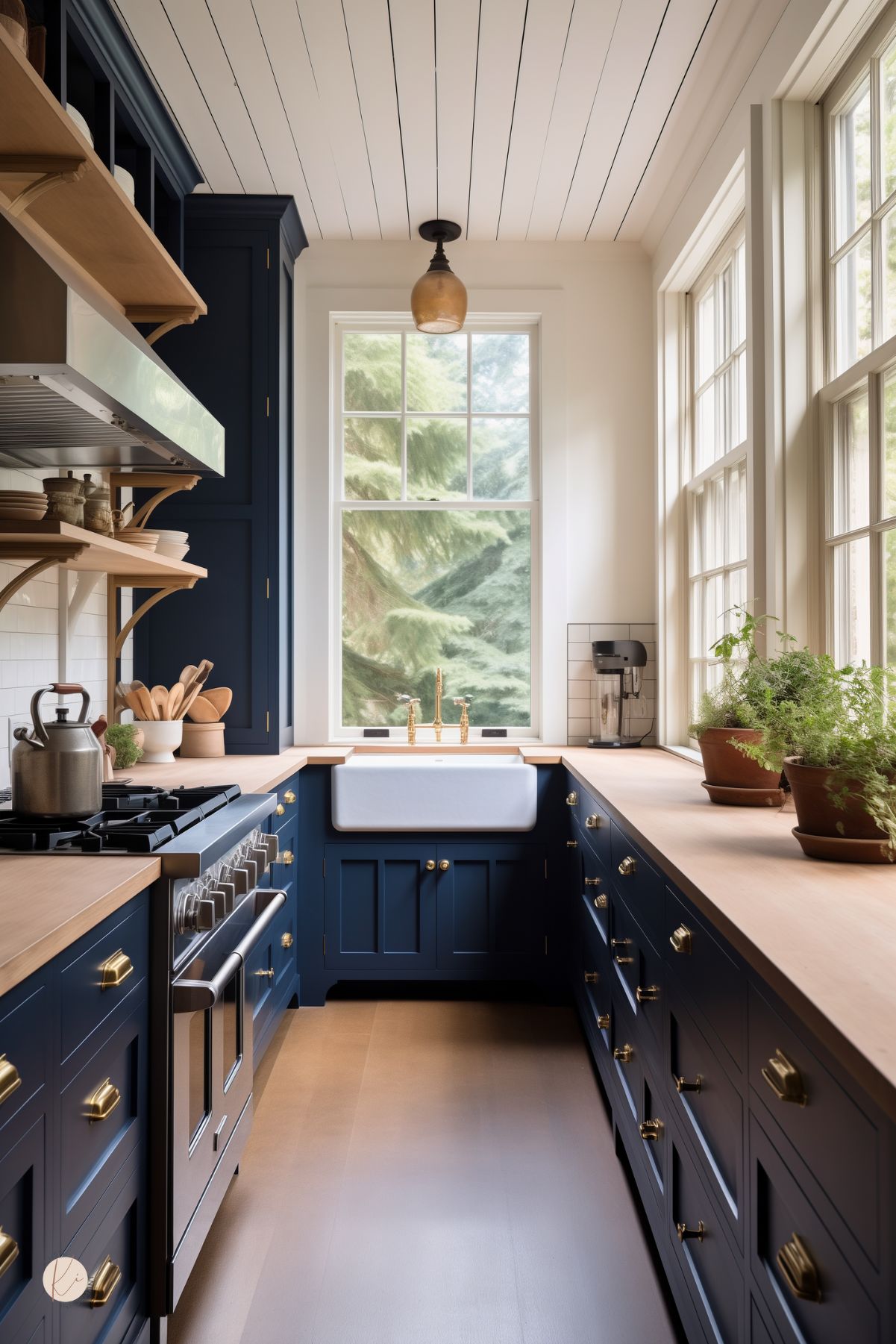 A charming galley kitchen with navy blue cabinetry, natural wood countertops, and brass hardware. A farmhouse sink is centered beneath a large window, bringing in natural light and views of lush greenery. Open wooden shelves hold rustic dishware, while potted herbs add warmth to the space. A white shiplap ceiling and brass pendant light enhance the cozy yet elegant feel.