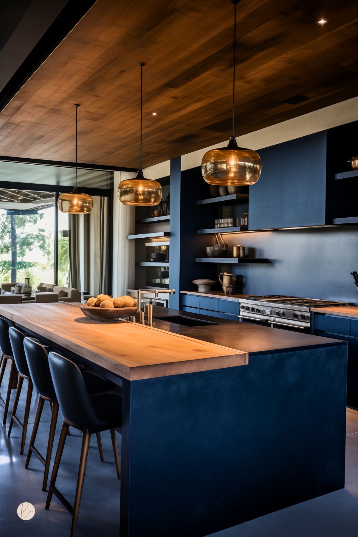 A dramatic kitchen with navy blue cabinetry, a natural wood ceiling, and a statement island featuring a thick wood countertop with a dark blue waterfall base. Amber glass pendant lights create a warm ambiance, complementing the sleek open shelving and dark-toned decor. Black leather barstools add a modern touch, while floor-to-ceiling windows connect the space to an outdoor lounge area.