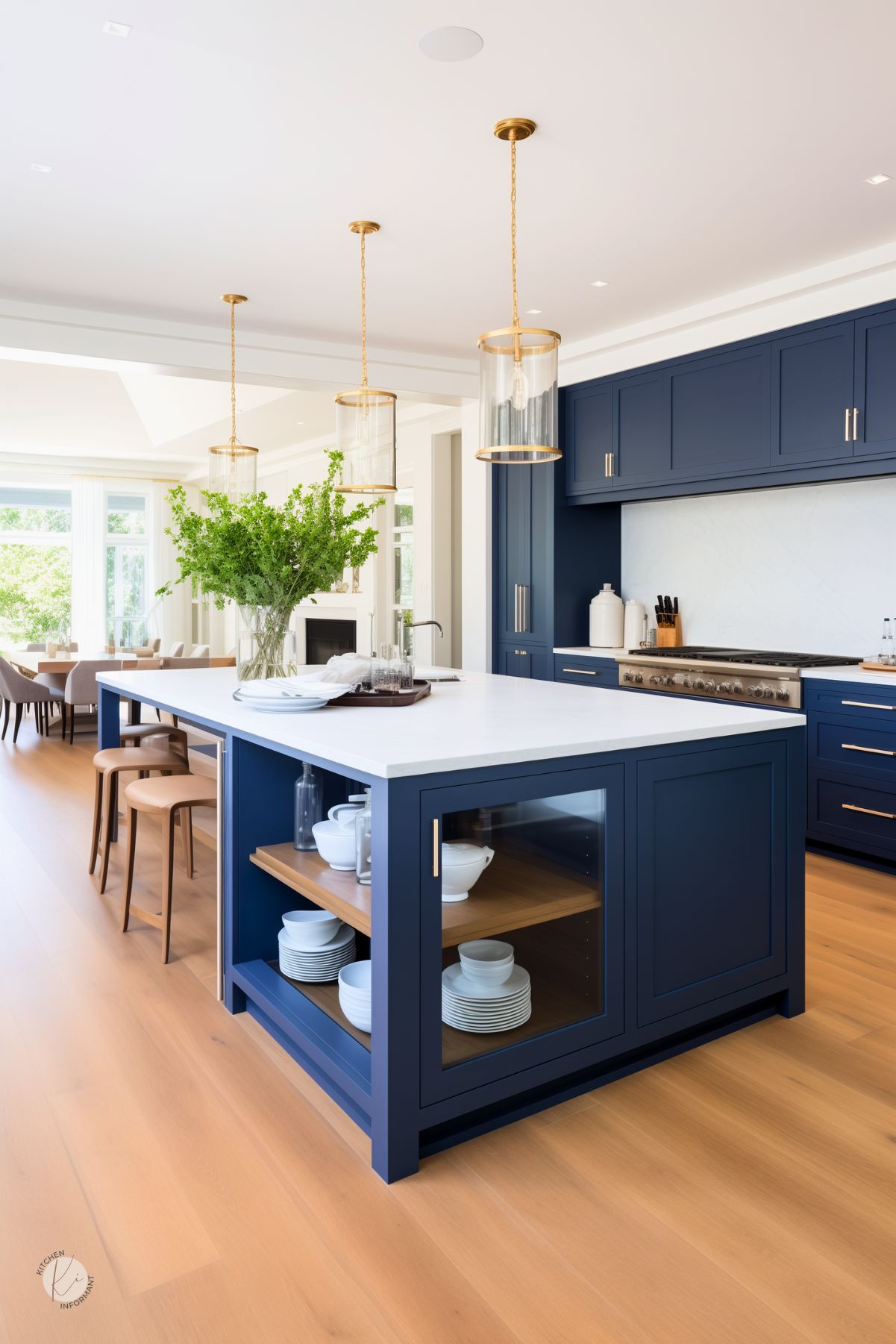 A bright and airy kitchen with navy blue cabinetry, a large white marble island, and natural wood flooring. The island features glass-fronted shelving with neatly arranged dishware and is complemented by wooden barstools. Gold pendant lights with glass shades hang above, adding elegance. The open layout connects seamlessly to a dining and living area with large windows bringing in natural light.