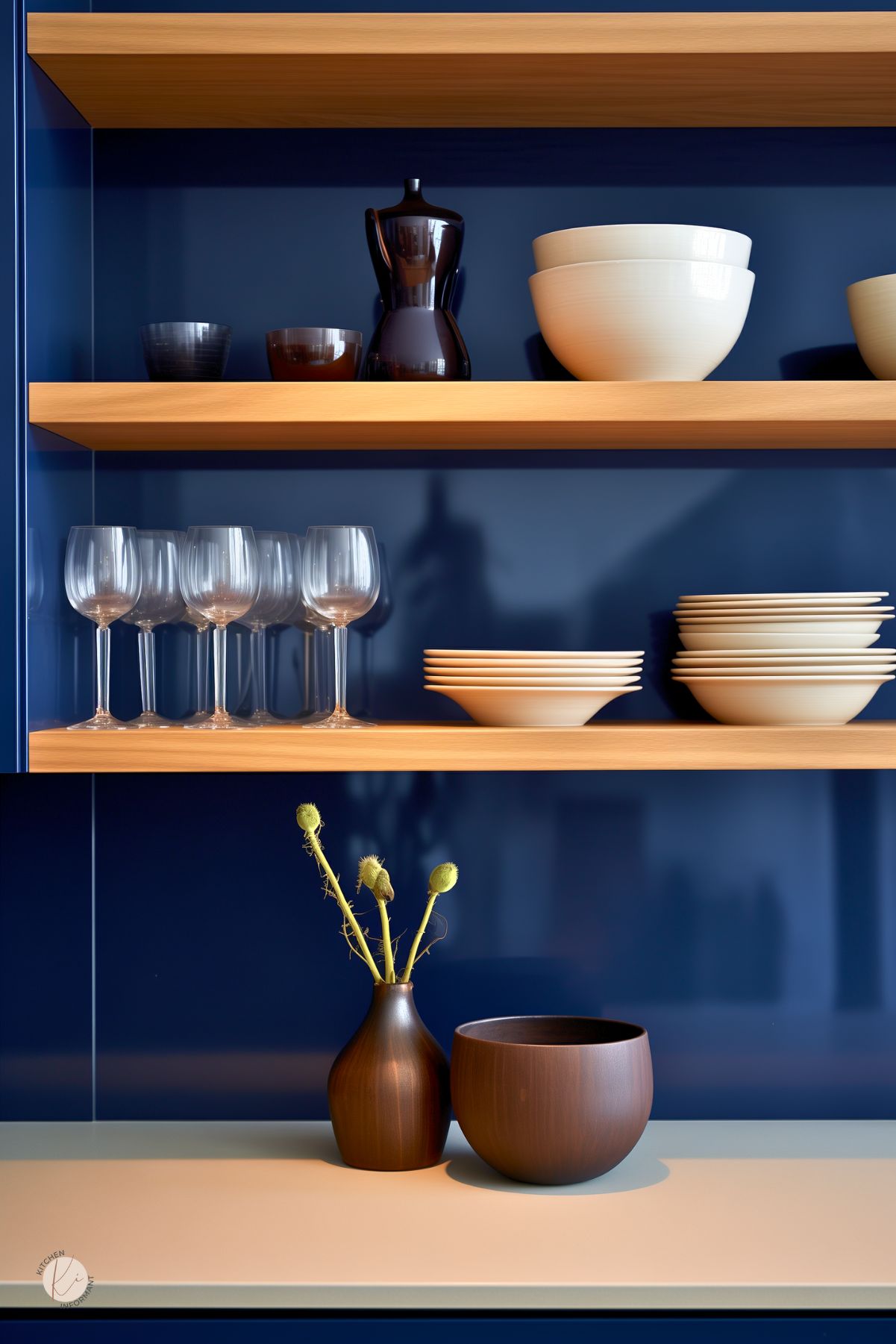 Open wooden shelves mounted on a navy blue wall, holding neatly arranged cream-colored bowls, stacked plates, wine glasses, and dark-toned glassware. Below, a beige countertop features a minimalist arrangement of a brown ceramic vase with dried flowers and a matching wooden bowl, creating a modern contrast against the deep blue cabinetry.