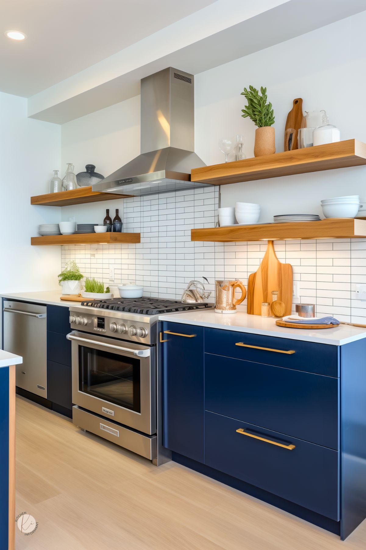 A modern kitchen with navy blue cabinetry, sleek gold hardware, and open wooden shelves displaying neatly arranged dishware and decor. A stainless steel range hood sits above a gas stove, with a white subway tile backsplash adding a clean, contemporary touch. Light wood flooring and warm accents, including cutting boards and potted herbs, create a balanced, inviting atmosphere.