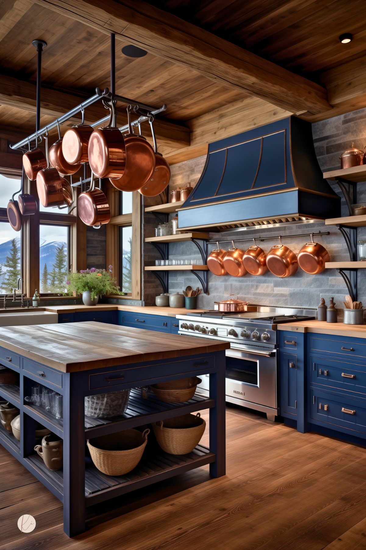 A rustic mountain kitchen with navy blue cabinetry, natural wood countertops, and exposed wooden beams. A large navy island with an open shelf base provides storage, while copper pots hang from a ceiling rack and wall-mounted rail. A navy and brass range hood adds elegance, complementing the stone backsplash and open shelving. Large windows offer a scenic view of snow-capped mountains.