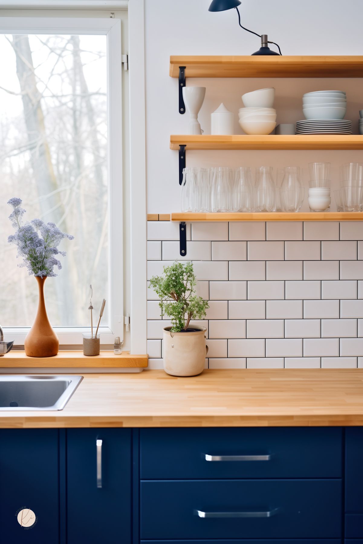 A stylish kitchen with navy blue cabinetry, natural wood countertops, and open wooden shelves supported by black brackets. A white subway tile backsplash adds a classic touch, while neatly arranged dishware and glassware bring a clean, modern feel. A potted herb and a terracotta vase with dried flowers sit by the window, adding warmth and natural charm to the space.