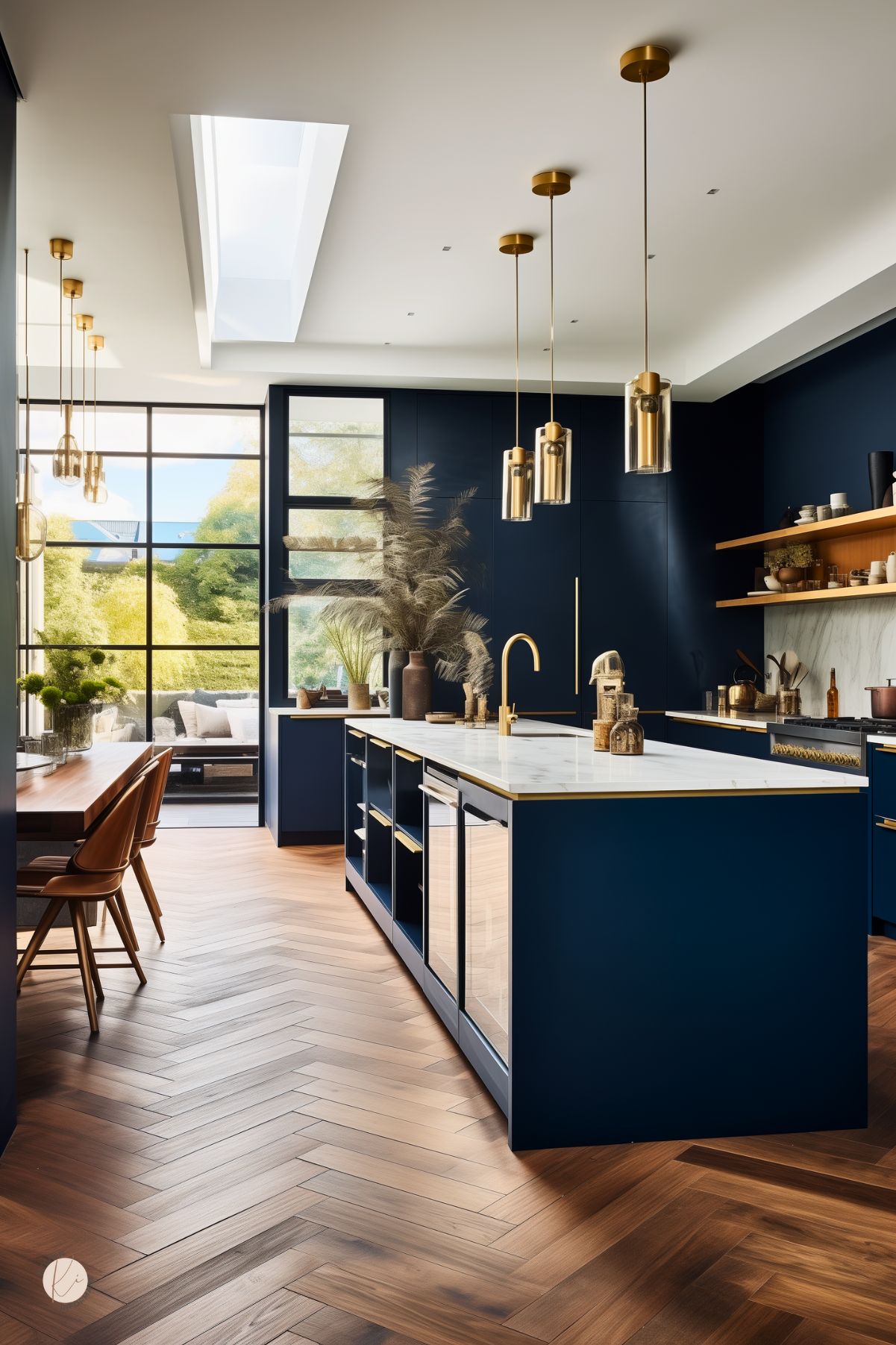 A modern kitchen with navy blue cabinetry, natural wood accents, and gold fixtures. A large island with a white marble countertop and gold trim is illuminated by sleek gold pendant lights. The space features herringbone wood flooring, open shelving with earthy decor, and a skylight that enhances natural light. Floor-to-ceiling windows open to a lush outdoor patio with seating.