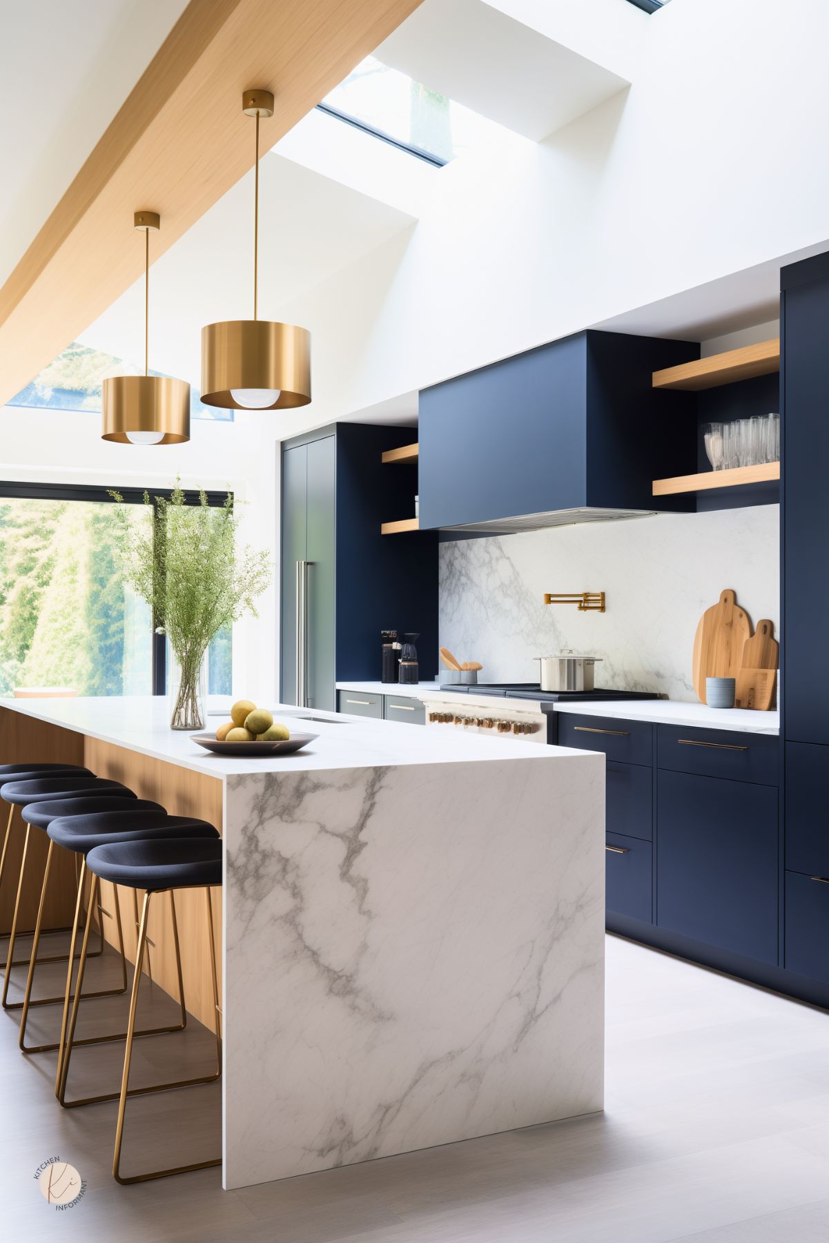 A modern kitchen with navy blue cabinetry, natural wood accents, and a striking waterfall marble island. Gold pendant lights and sleek barstools with navy upholstery add sophistication. Open wooden shelves contrast against a white marble backsplash, while large skylights flood the space with natural light. Floor-to-ceiling windows connect the kitchen to a lush outdoor setting.