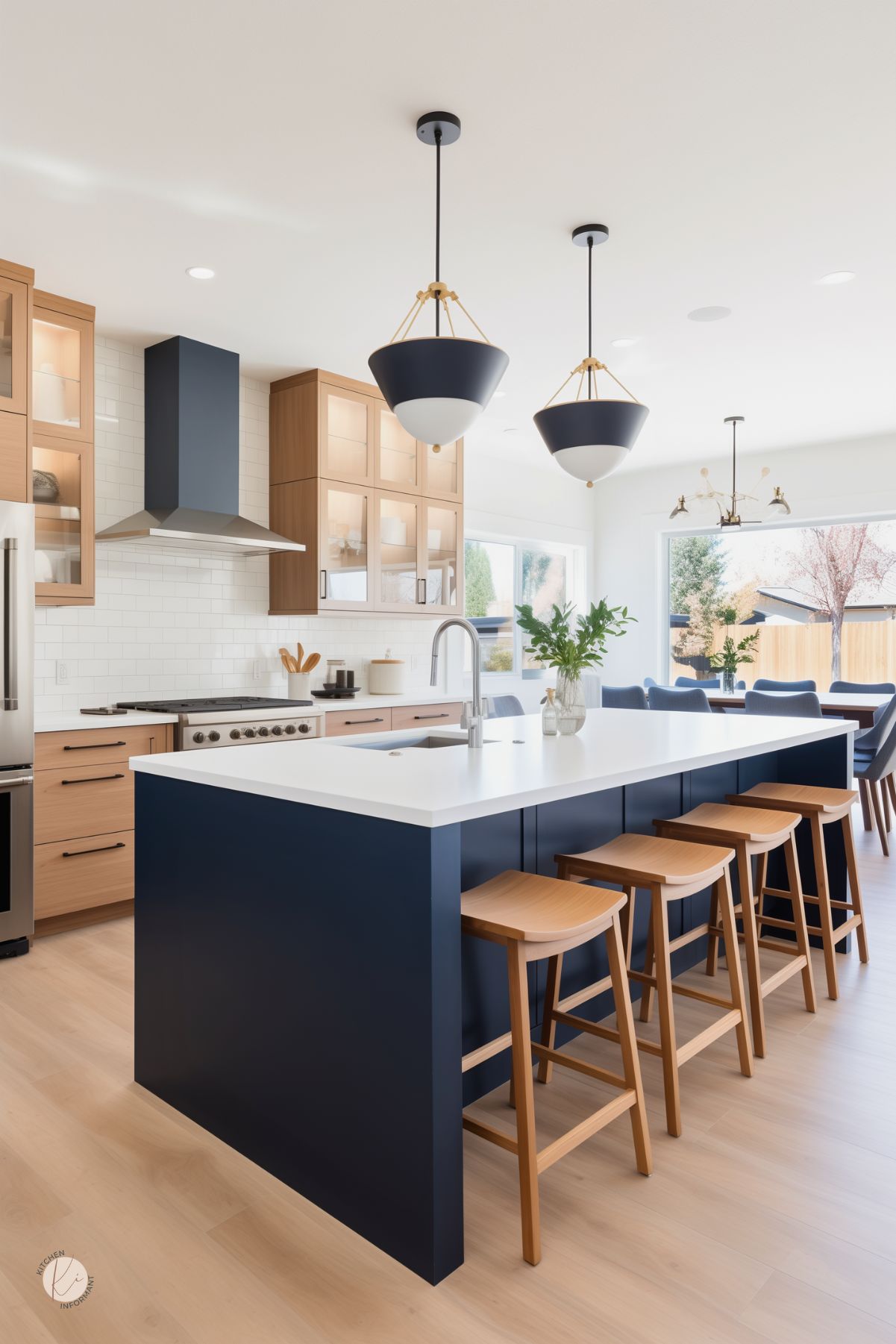 A modern kitchen with a navy blue island, natural wood cabinetry, and a bright open layout. The island features a white waterfall countertop with wooden barstools, complemented by bold navy and gold pendant lights. A navy range hood ties into the design, while glass-front cabinets and a white subway tile backsplash add warmth and contrast. Large windows bring in natural light and outdoor views.