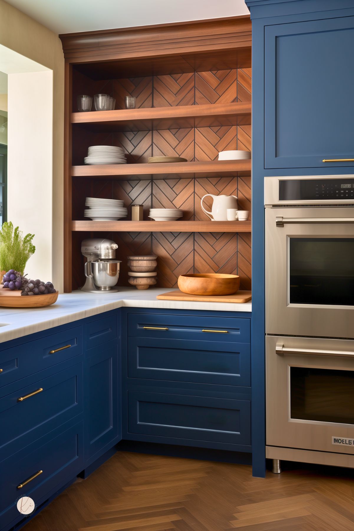 A stylish kitchen with navy blue cabinetry, brass hardware, and a built-in open shelving unit featuring a warm wood chevron-patterned backsplash. The shelves display neatly arranged dishware, a white ceramic teapot, and glassware. A stainless steel double oven adds a modern touch, while a white marble countertop and herringbone wood flooring enhance the sophisticated yet inviting design.