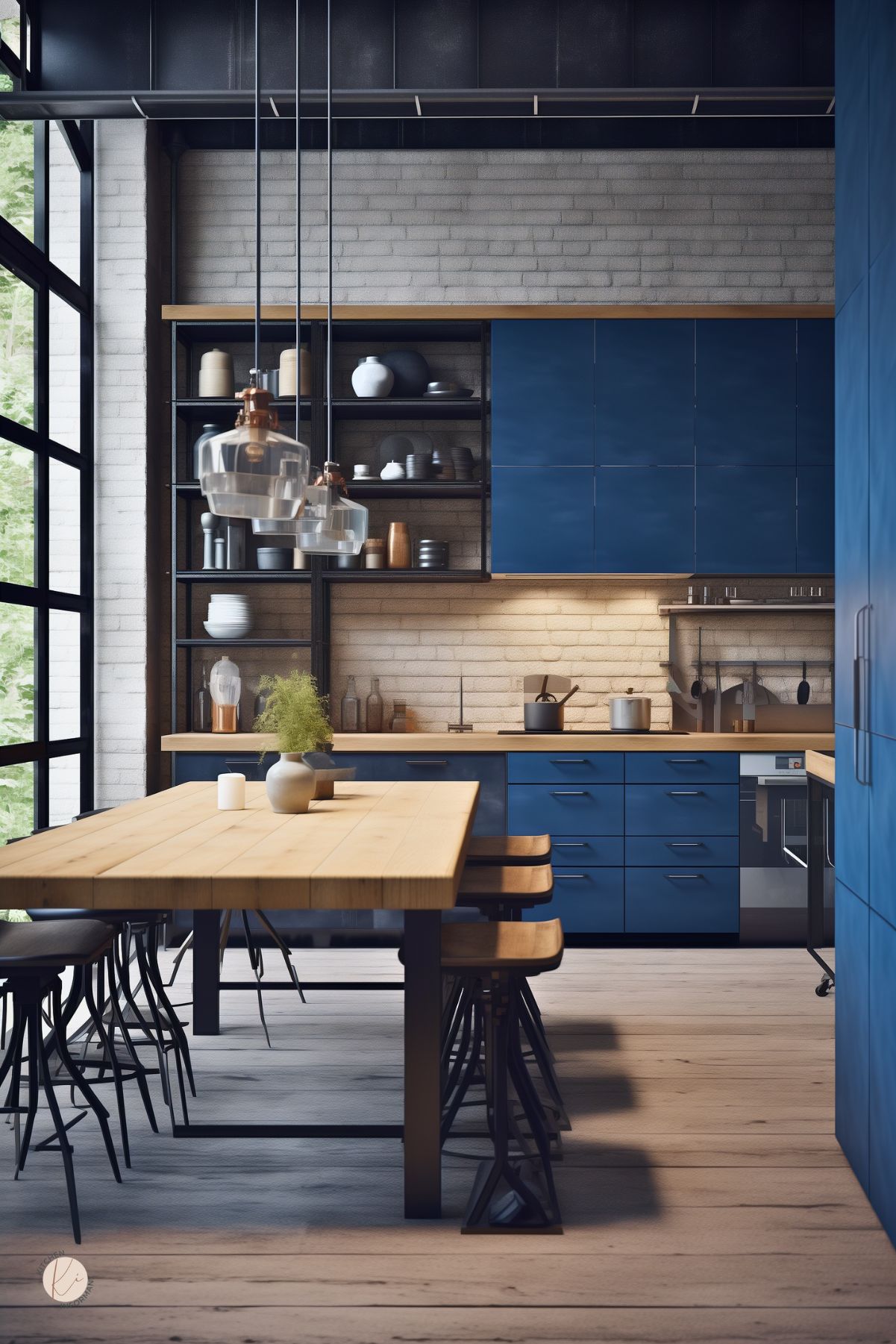 An industrial-style kitchen with navy blue cabinetry, open black metal shelving, and a natural wood dining table. A brick backsplash and black-framed floor-to-ceiling windows add texture and contrast, while glass pendant lights with copper accents enhance the modern aesthetic. The space features a mix of raw materials, combining wood, metal, and brick for a stylish, loft-inspired look.