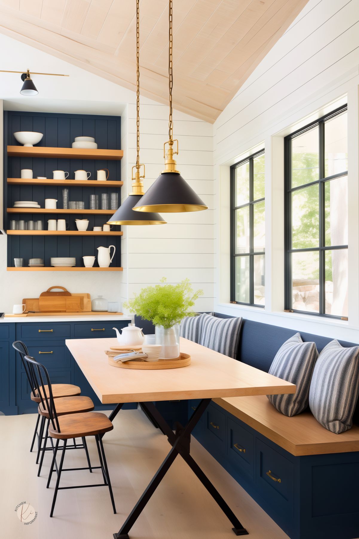 A cozy breakfast nook with navy blue cabinetry, natural wood accents, and black-framed windows. A built-in bench with striped cushions lines the wall, paired with a light wood dining table and black metal chairs. Open wooden shelves display white dishware against a navy blue backdrop. Black and gold pendant lights hang from a vaulted ceiling with shiplap walls, adding a farmhouse touch.