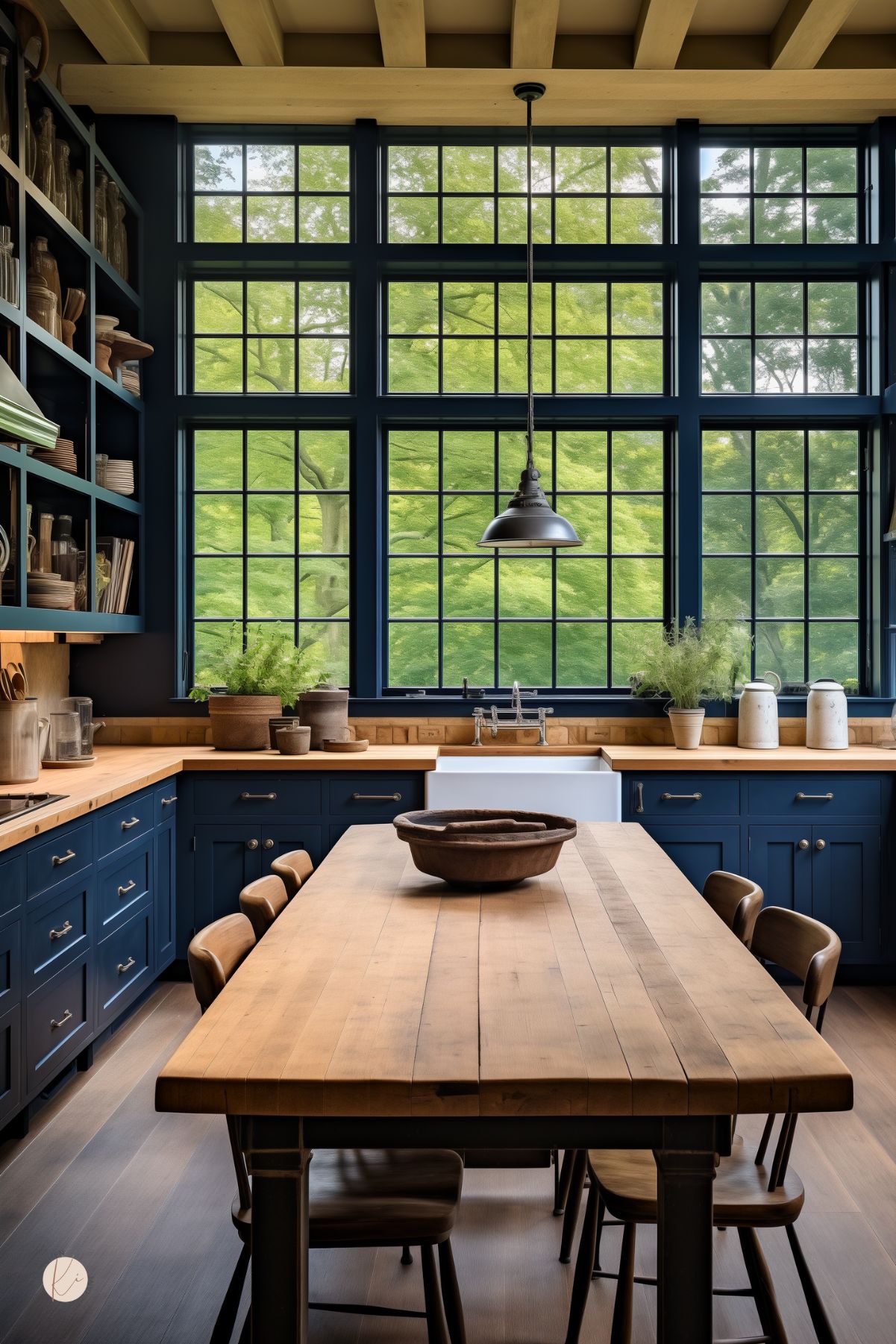 A kitchen with navy blue cabinetry and natural wood countertops, featuring a large farmhouse sink under expansive black-framed windows that offer a lush green outdoor view. A rustic wood dining table with matching chairs sits at the center, complemented by open shelving with earthy ceramics. Exposed ceiling beams and an industrial pendant light add warmth and character to the space.