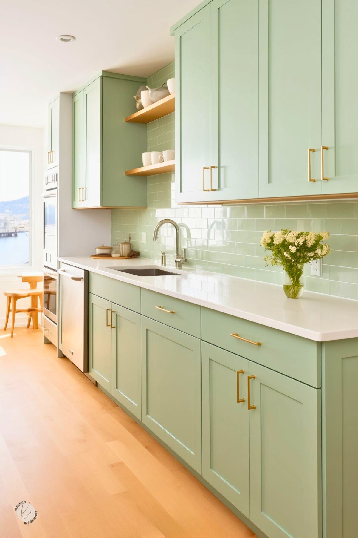 Bright, modern kitchen with sage green cabinets, brass hardware, and white countertops. Glossy sage green subway tile backsplash adds a sleek touch, while open wooden shelves display simple white dishware. Light wood flooring enhances the airy feel.