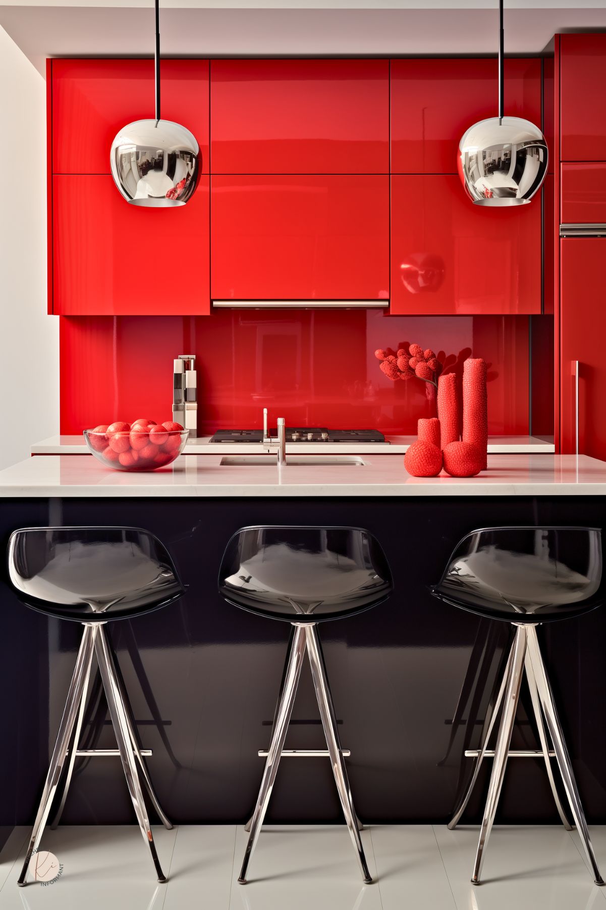 A sleek, modern kitchen with glossy red cabinetry and a matching red backsplash. A black and white island with a waterfall countertop is paired with three black acrylic barstools with chrome legs. Two reflective silver pendant lights hang above the island, enhancing the contemporary aesthetic. A glass bowl filled with red apples and bold red decorative vases add a stylish touch to the minimalist design.