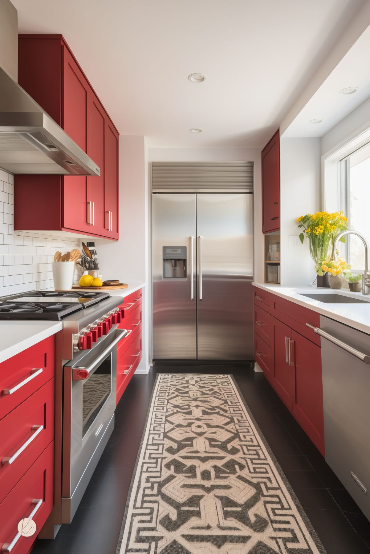 A sleek galley kitchen with bold red shaker cabinets, white countertops, and a white subway tile backsplash. Stainless steel appliances, including a professional gas range and a large built-in refrigerator, enhance the modern look. A patterned runner adds warmth to the dark flooring, while a window over the sink brings in natural light. A vase of yellow flowers adds a fresh pop of color to the clean and stylish space.