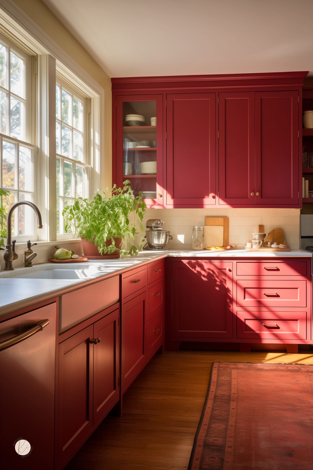 A warm and inviting kitchen with deep red cabinetry, brass hardware, and white countertops. Large windows let in natural light, casting soft shadows across the space. A farmhouse sink with a vintage-style faucet sits beneath the windows, surrounded by potted herbs. A cozy red rug complements the cabinetry, while wood flooring adds to the rustic charm. Glass-front cabinets display neatly arranged dishware, enhancing the classic feel.