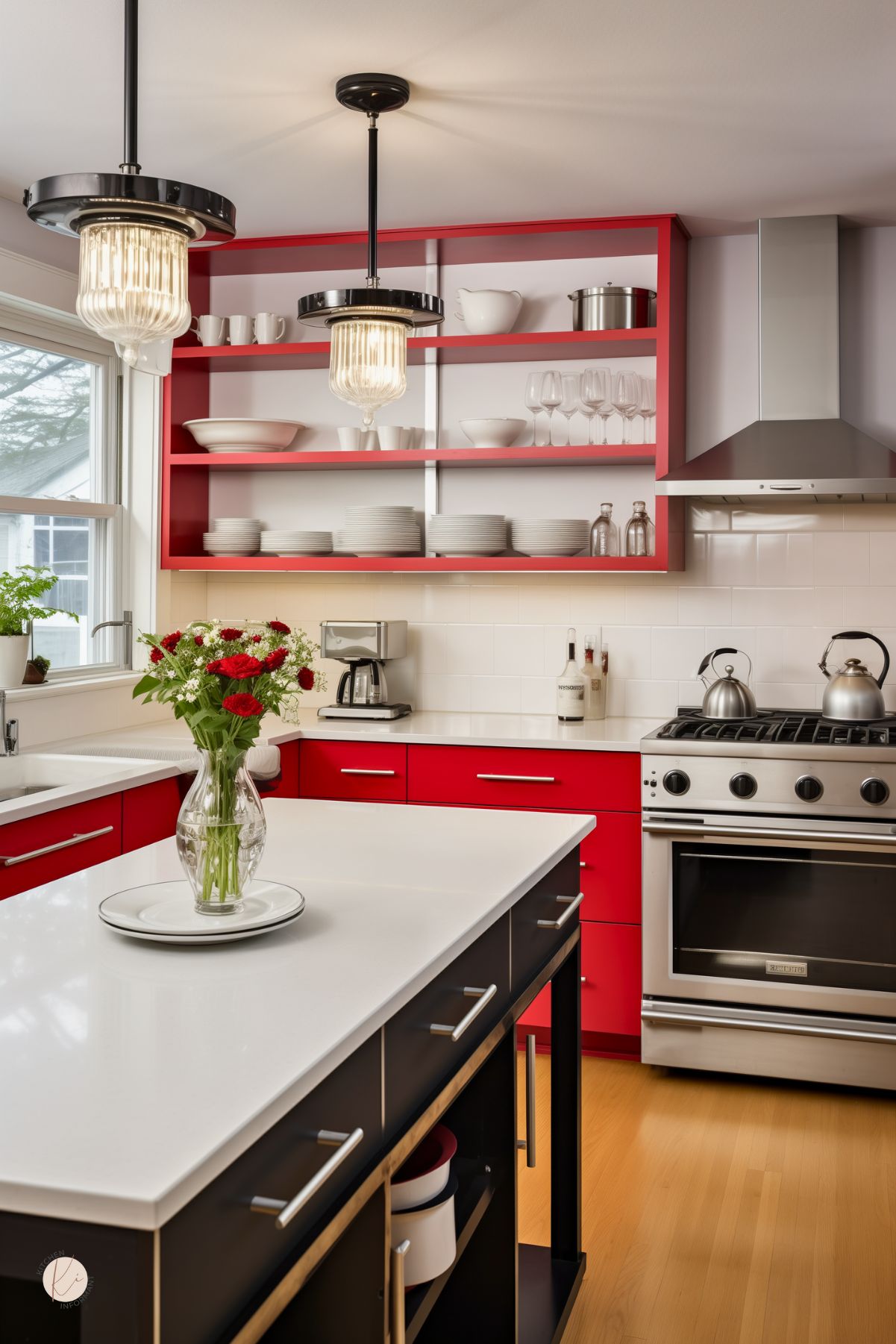 A bright and modern kitchen with bold red lower cabinets and open shelving, contrasted by white countertops and a subway tile backsplash. A large island with a black base and white quartz top provides additional workspace and storage. Two vintage-inspired pendant lights hang above the island, adding character. Stainless steel appliances, including a gas range and vent hood, complement the sleek design, while a vase of red and white flowers adds a fresh touch.