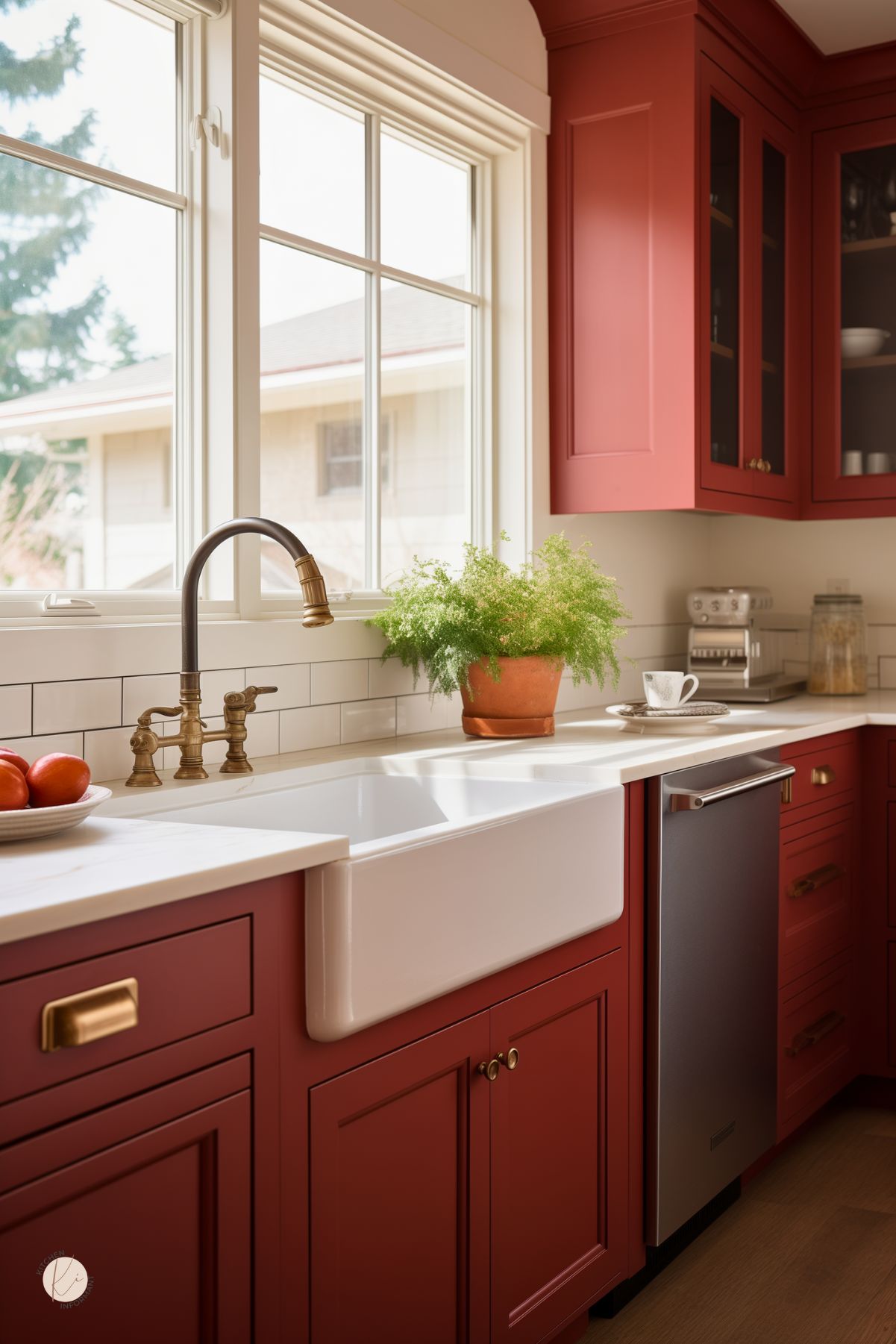 A charming kitchen with deep red shaker cabinets, brass hardware, and a farmhouse sink beneath a large window. A vintage-style brass faucet complements the classic white subway tile backsplash. Natural light fills the space, highlighting a potted green plant in a terracotta pot. A stainless steel dishwasher and modern coffee maker add functionality, blending traditional and contemporary elements in this warm, inviting design.