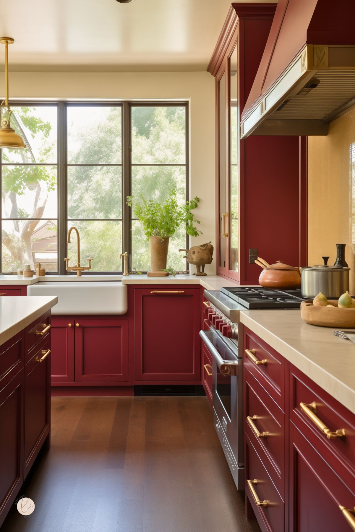 A warm and inviting kitchen with rich red cabinetry, brass hardware, and cream-colored countertops. A large farmhouse sink sits beneath black-framed windows, letting in natural light and a view of lush greenery. A gas range with a stainless steel hood is surrounded by rustic decor, including a clay pot and wooden accents. The dark wood flooring adds depth, complementing the elegant yet cozy design.