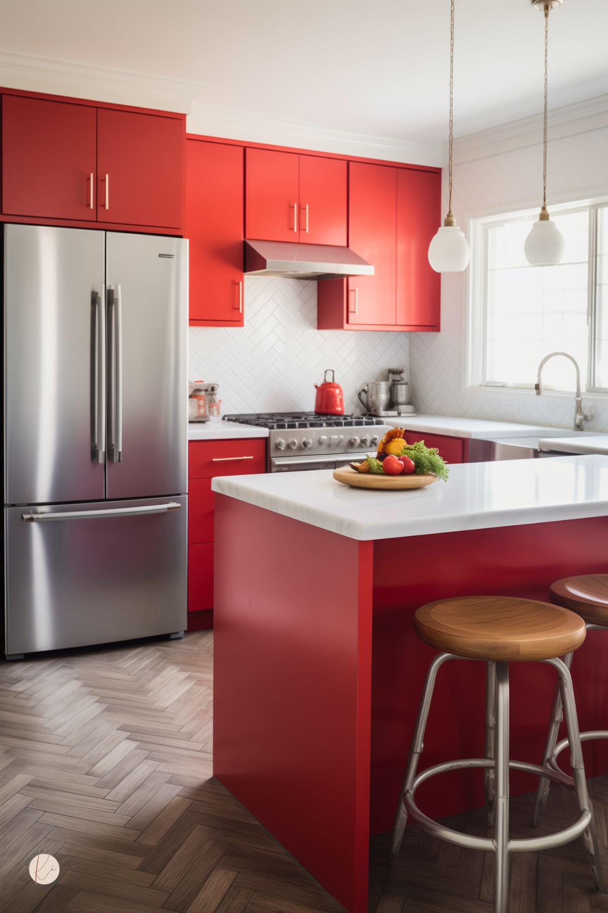 A bright and modern kitchen with sleek red cabinetry, stainless steel appliances, and white quartz countertops. A white herringbone tile backsplash adds texture, while two pendant lights with brass accents hang above the red island. Wooden bar stools and a warm herringbone wood floor bring balance to the bold design. A tray of fresh vegetables sits on the island, adding a natural touch to the vibrant space.