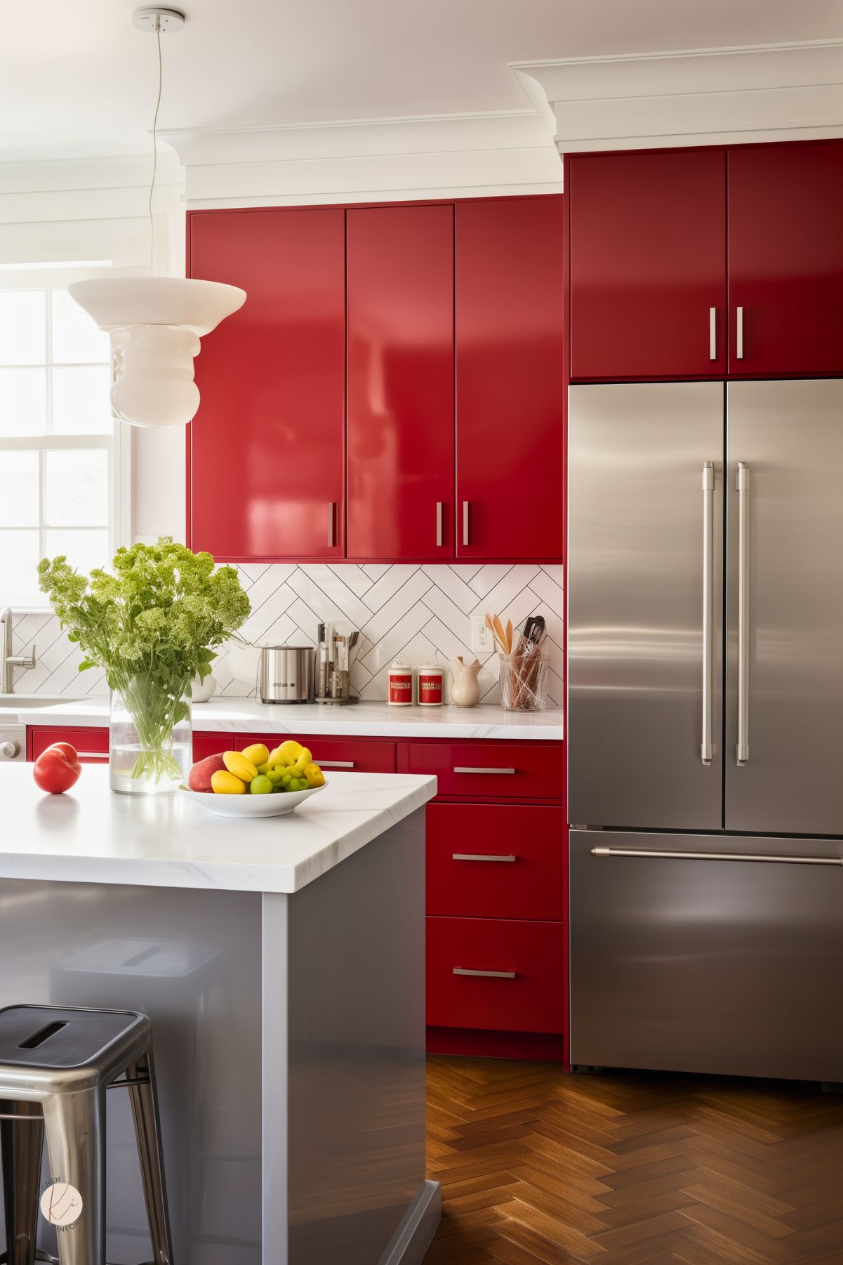 A modern kitchen with bold red high-gloss cabinets, stainless steel appliances, and a white marble countertop. A white herringbone tile backsplash adds texture, while a sleek gray island with metal barstools provides seating. A statement pendant light hangs above the island, and a vase of fresh greenery adds a natural touch. A bowl of colorful fruit brings warmth to the space, complementing the rich wood herringbone flooring.