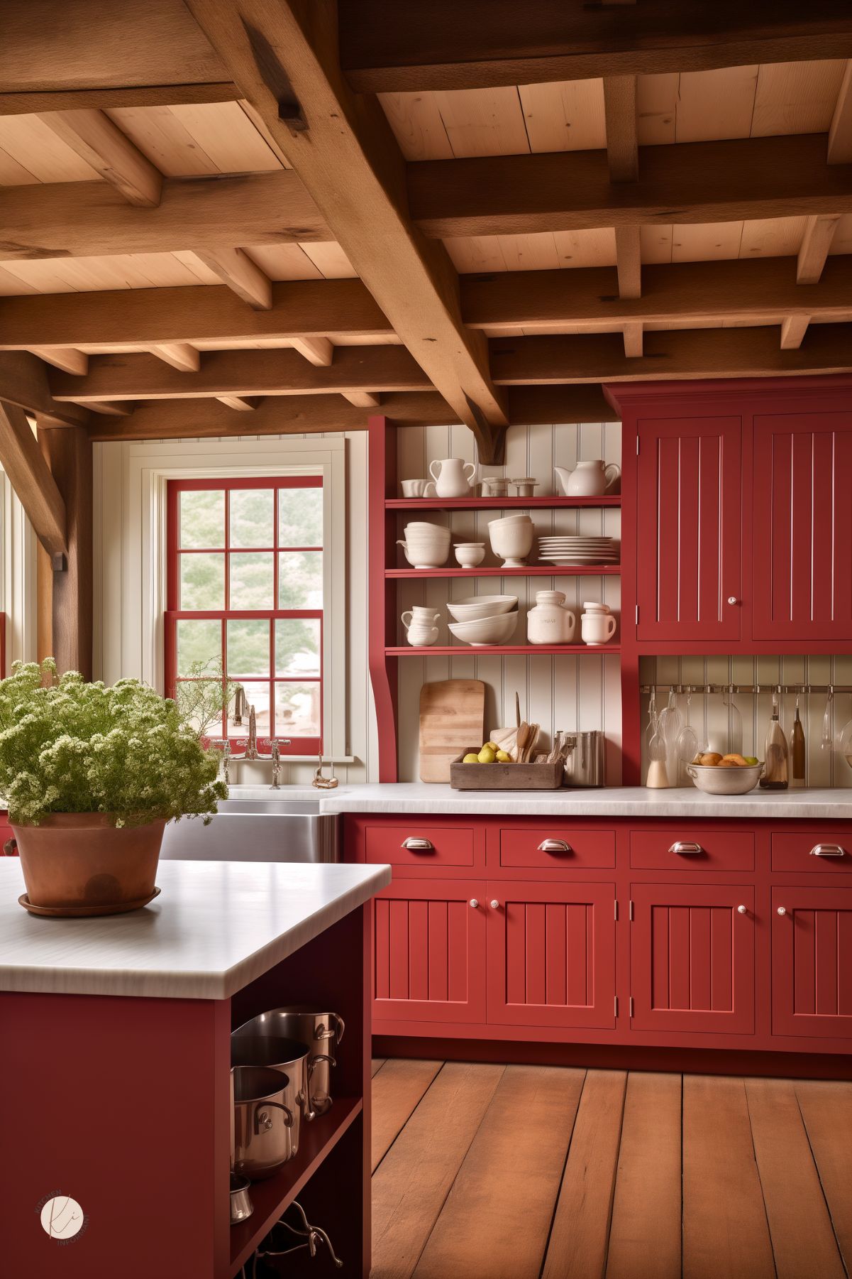 A cozy farmhouse kitchen with deep red beadboard cabinetry, open shelving, and warm wood ceiling beams. A large farmhouse sink sits beneath a red-trimmed window, bringing in natural light. White dishware and rustic kitchen essentials are neatly arranged on the shelves. A potted plant on the island adds a fresh touch, while wooden countertops and plank flooring enhance the rustic charm of the space.