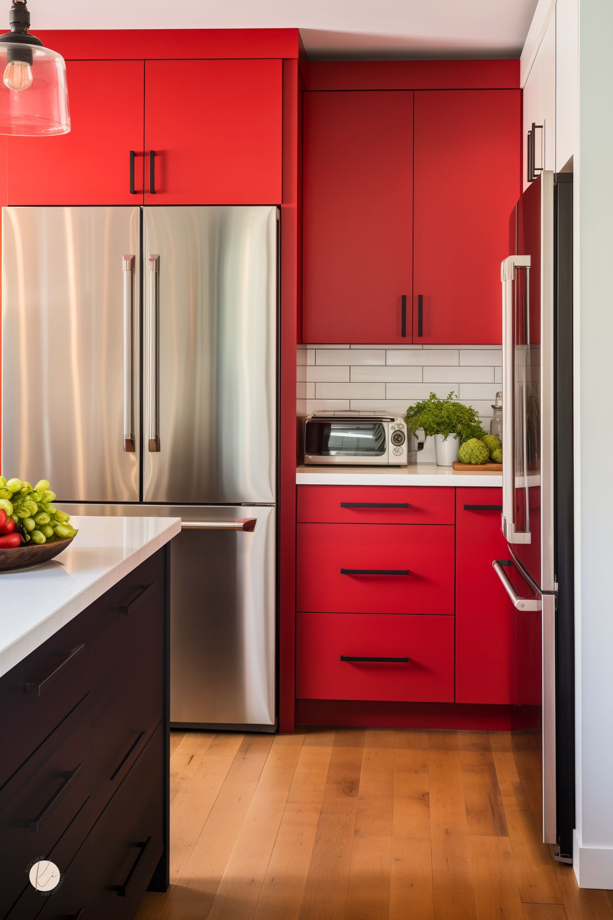 A stylish kitchen with bold red cabinetry, black hardware, and a white subway tile backsplash. Stainless steel appliances, including a large French door refrigerator, complement the modern design. A black island with a white quartz countertop provides contrast, while warm wood flooring adds balance. A bowl of fresh fruit and potted greenery bring natural elements into the sleek, contemporary space.