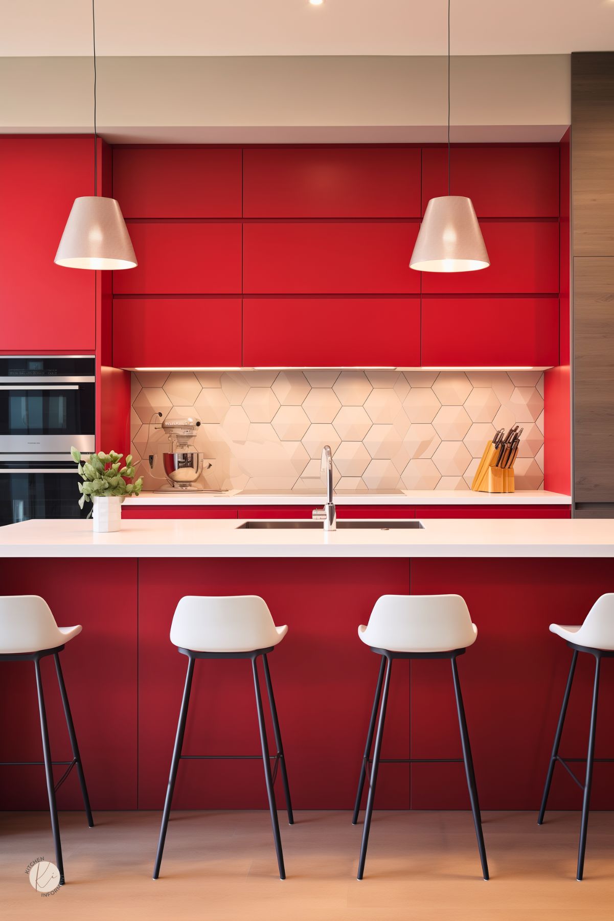 A sleek, modern kitchen with bold red cabinetry and a white quartz island. A geometric tile backsplash adds texture, while two minimalist pendant lights hang above the island. White barstools with black legs provide seating, complementing the contemporary design. Built-in stainless steel appliances and under-cabinet lighting enhance the functionality, creating a stylish and inviting cooking space.