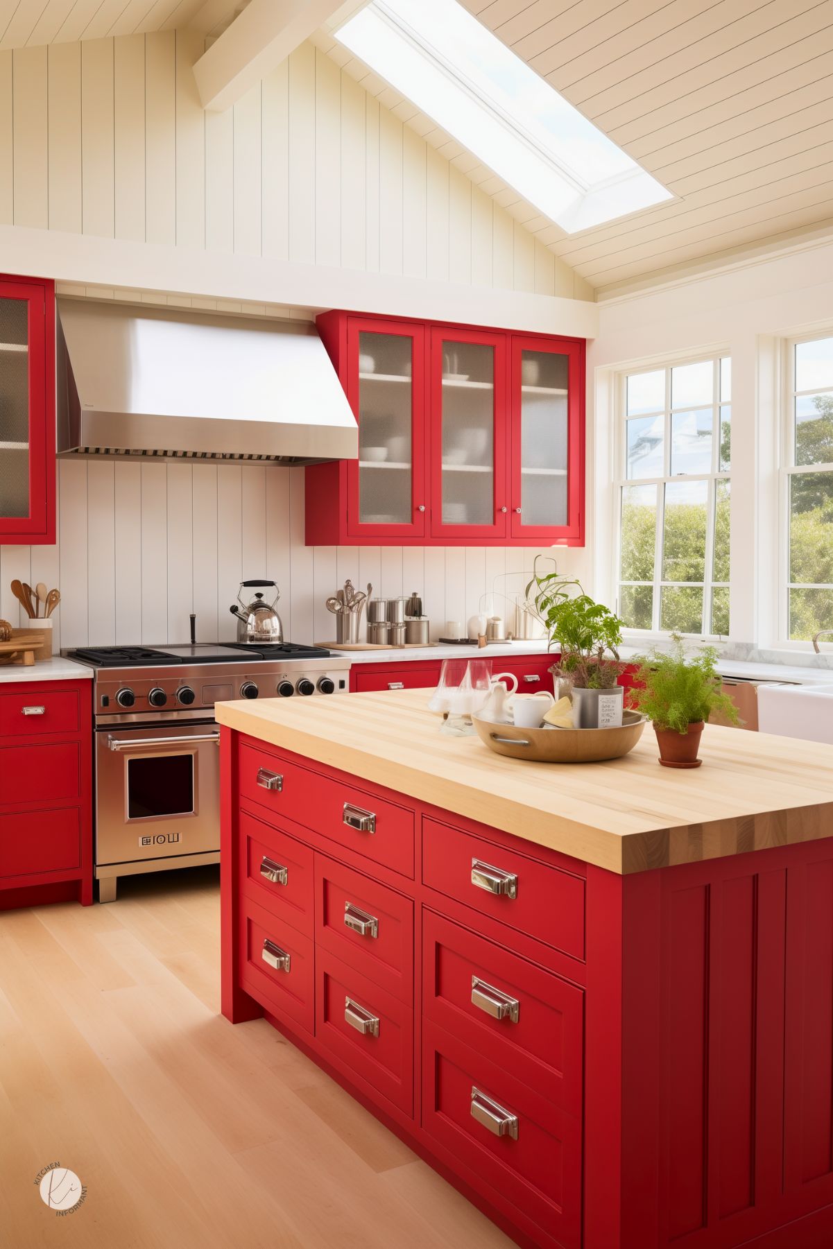 A bright and airy kitchen with bold red shaker-style cabinets and a matching island featuring a light wood countertop. The space is illuminated by a large skylight and white-paneled walls, creating a fresh, open feel. Stainless steel appliances, including a gas range and range hood, add a modern touch. Potted herbs and a tray with glassware bring warmth to the design, while large windows let in natural light and outdoor views.