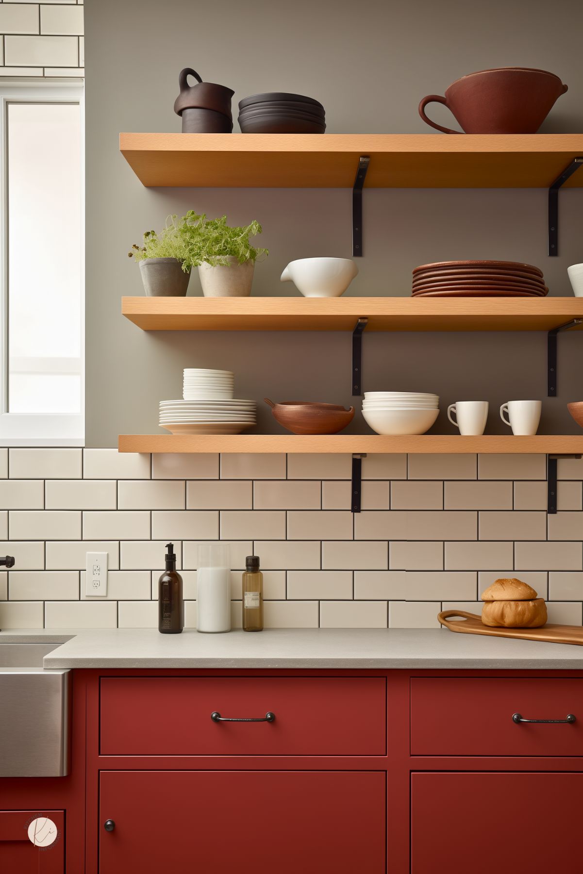 A modern kitchen with deep red lower cabinets and black hardware, paired with warm wood open shelves. The white subway tile backsplash contrasts with the neutral wall color. Shelves hold ceramic dishes, bowls, and earthy-toned pottery, along with small potted plants. A farmhouse sink and stainless steel accents add functionality, while a loaf of bread on a wooden board gives a cozy touch.