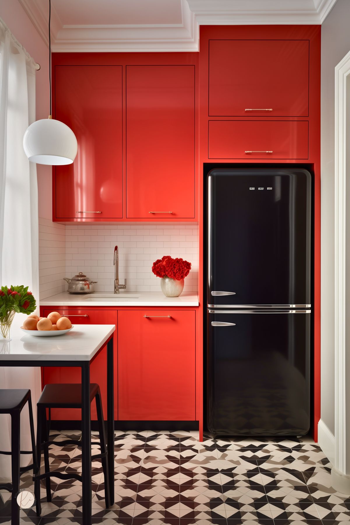 A compact and stylish kitchen with glossy red cabinetry, a black retro-style refrigerator, and a white subway tile backsplash. A sleek white countertop with a modern faucet is accented by a vase of red flowers. The black-and-white geometric patterned floor adds visual interest. A small dining area with a white table and black stools sits by a window with sheer curtains, bringing in natural light for a bright and inviting space.