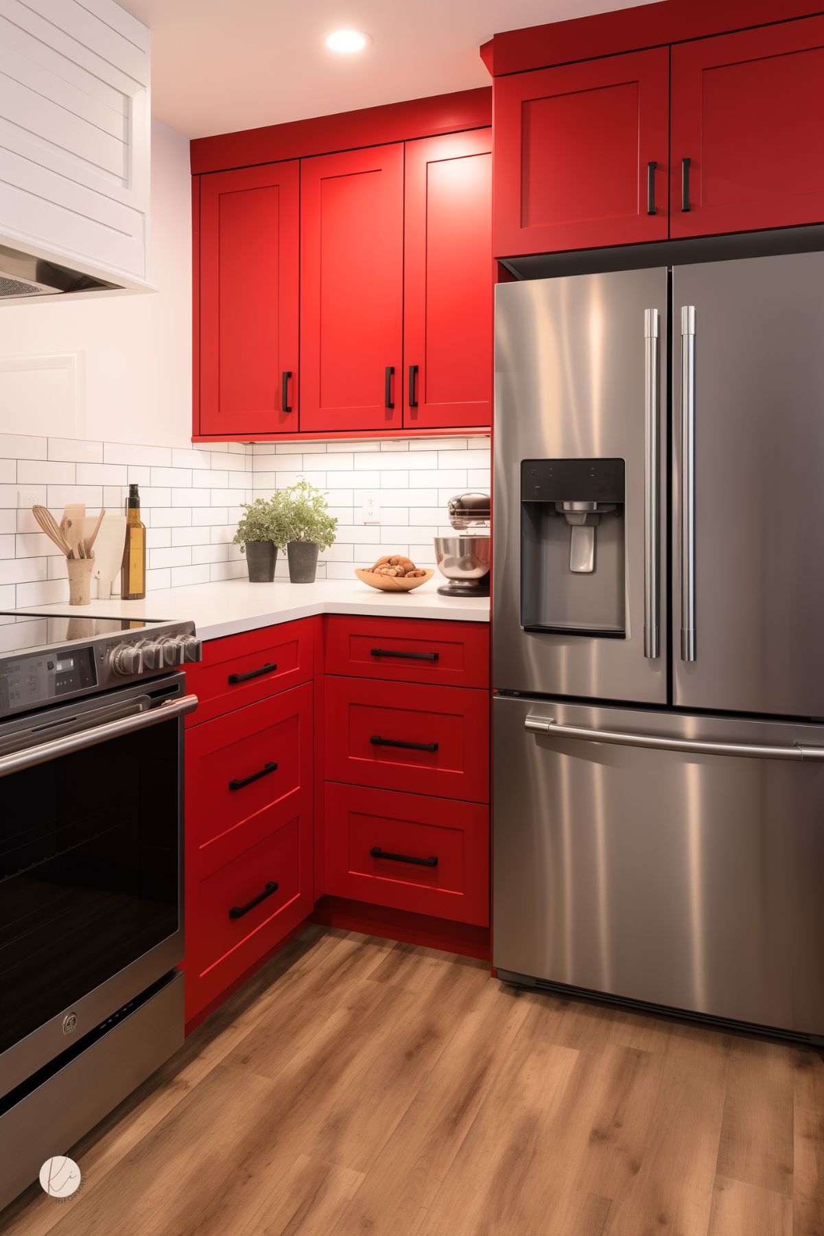 A cozy kitchen with bold red shaker cabinets and black hardware, paired with white quartz countertops and a classic white subway tile backsplash. Stainless steel appliances, including a French door refrigerator and a sleek electric range, add a modern touch. Under-cabinet lighting enhances the bright, inviting atmosphere, while warm wood flooring adds contrast. Small potted plants and kitchen essentials complete the functional yet stylish space.